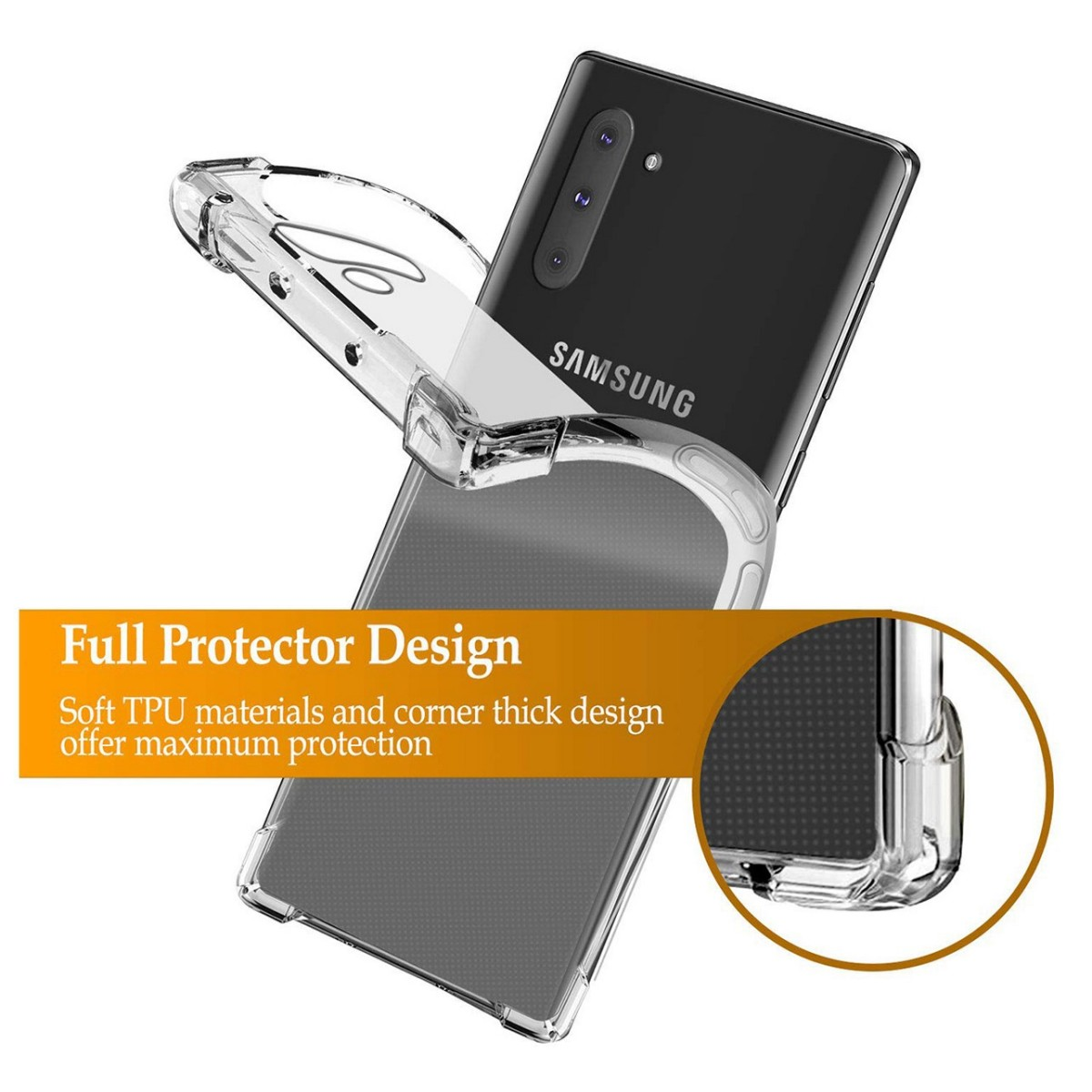 Custodia per telefono con una vista chiara del telefono, con le parole, Full Protector Design.