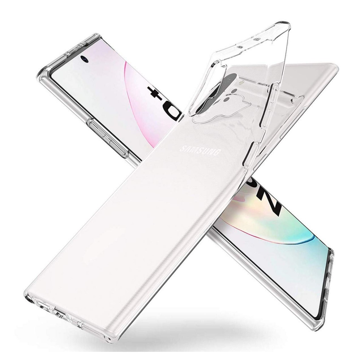 Dos teléfonos, una funda transparente. Un teléfono tiene un fondo rosa.