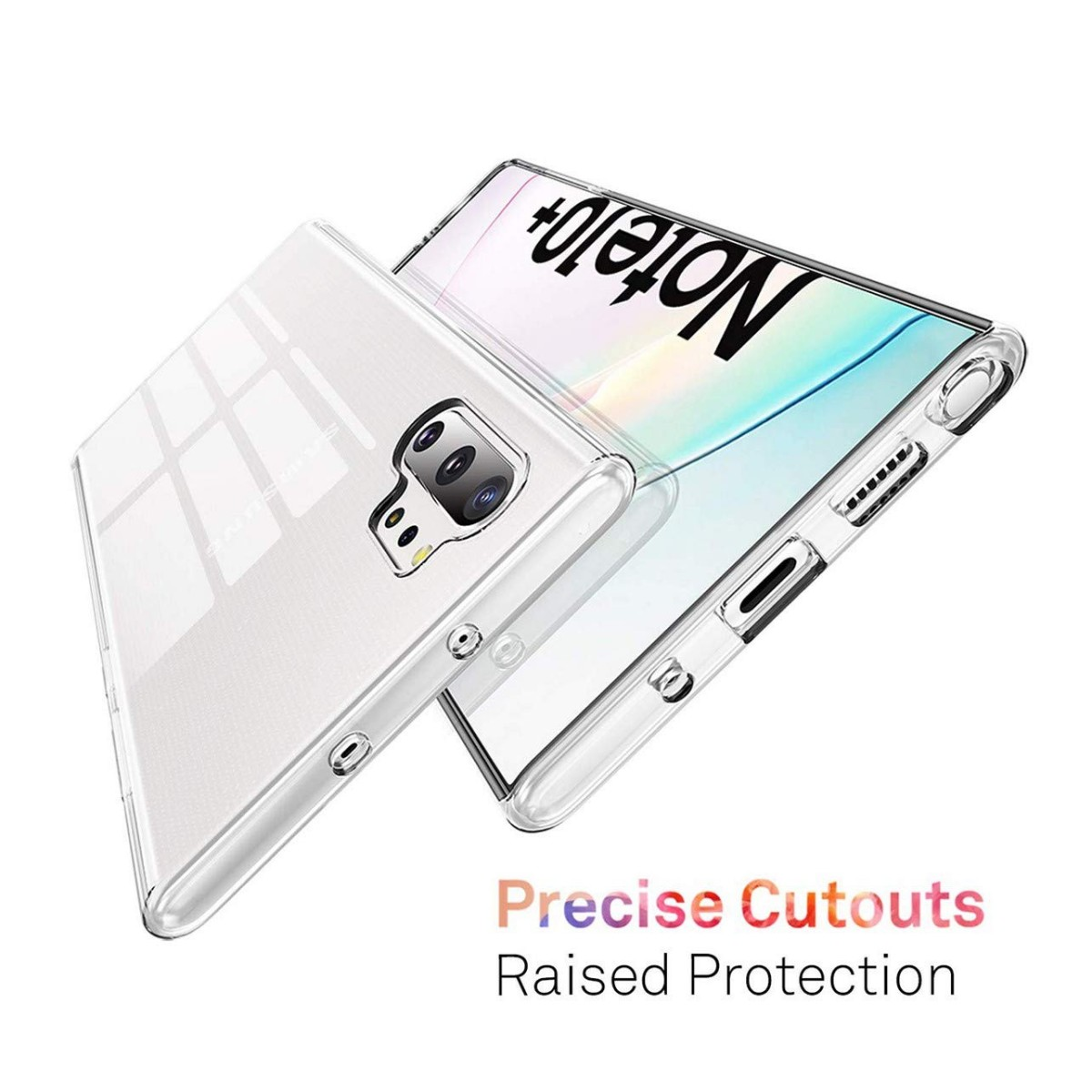 Fundas de teléfono transparentes, apiladas. Texto: Cortes Precisos, Protección Elevada.