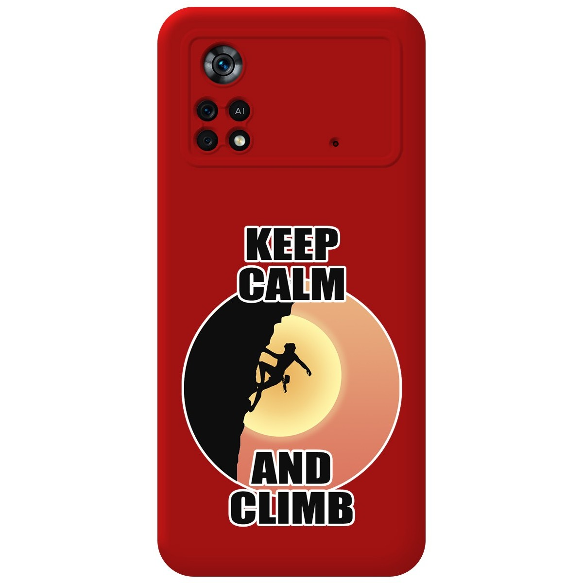 Funda de teléfono roja con silueta de escalador y texto 'KEEP CALM AND CLIMB' en un círculo amarillo.