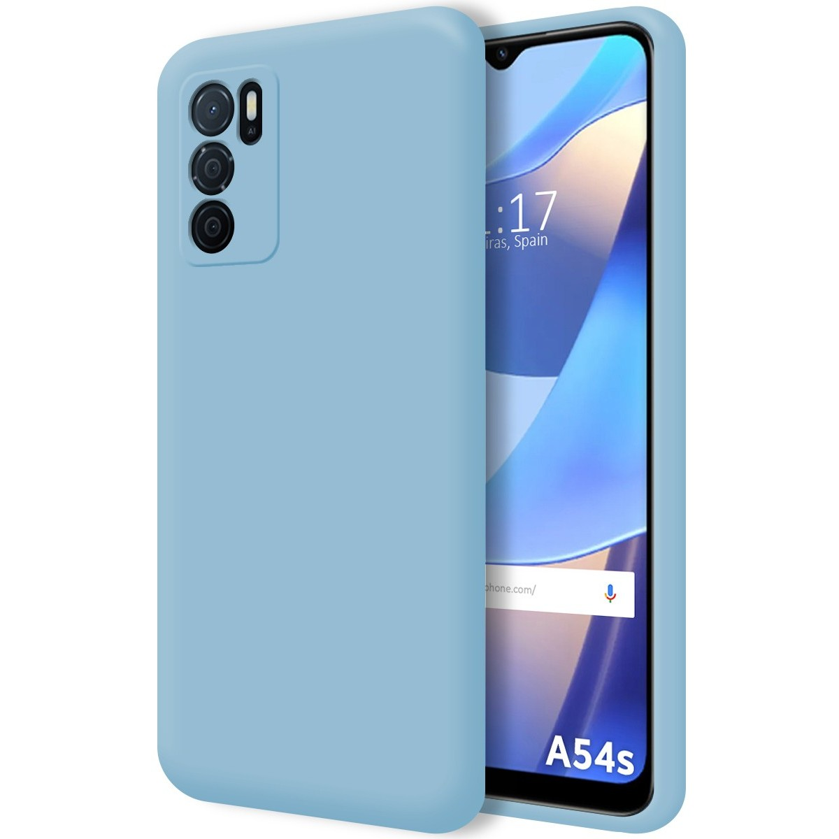 Telefono e custodia azzurri. Il telefono ha più fotocamere.