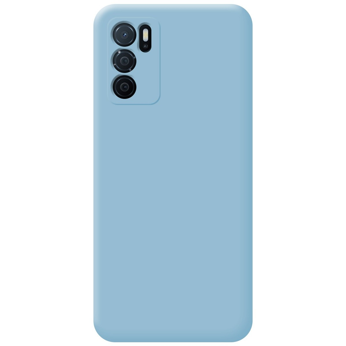 Custodia per telefono azzurra con tre obiettivi. La custodia è azzurra tinta unita.