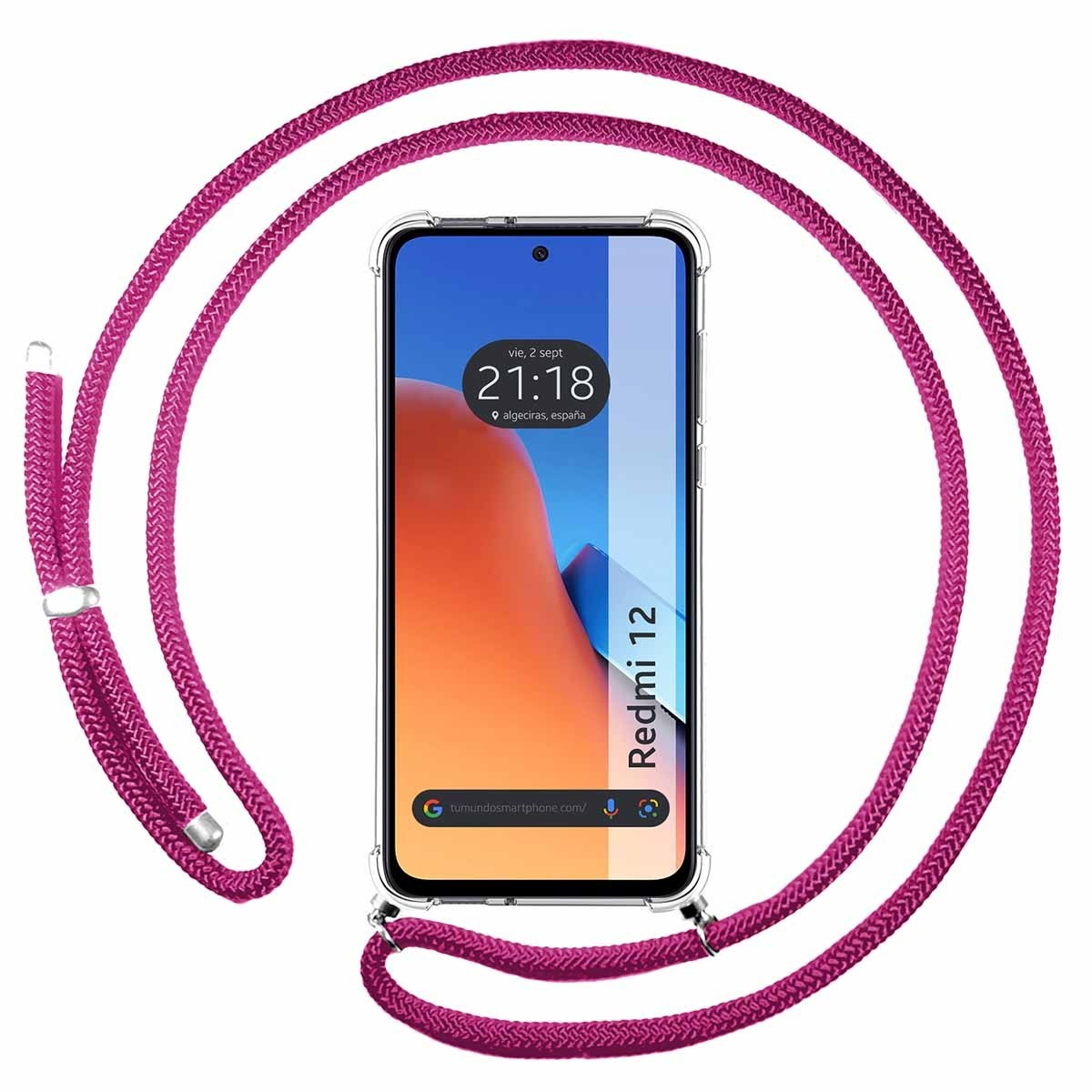 Telefono con cordino rosa. Lo schermo mostra l'ora e il luogo.