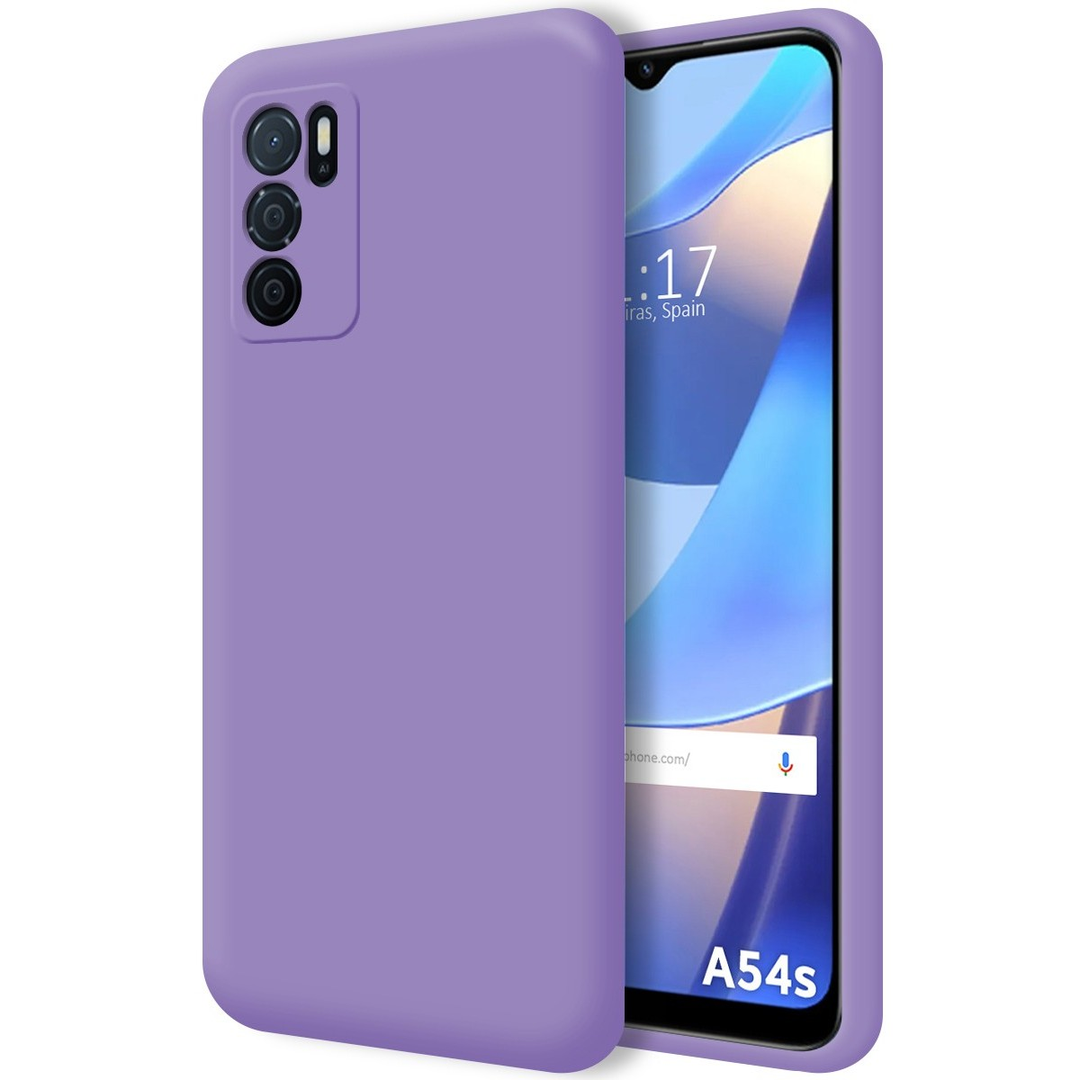 Una custodia viola e uno schermo con sfondo blu e il tipo di telefono: A54s.