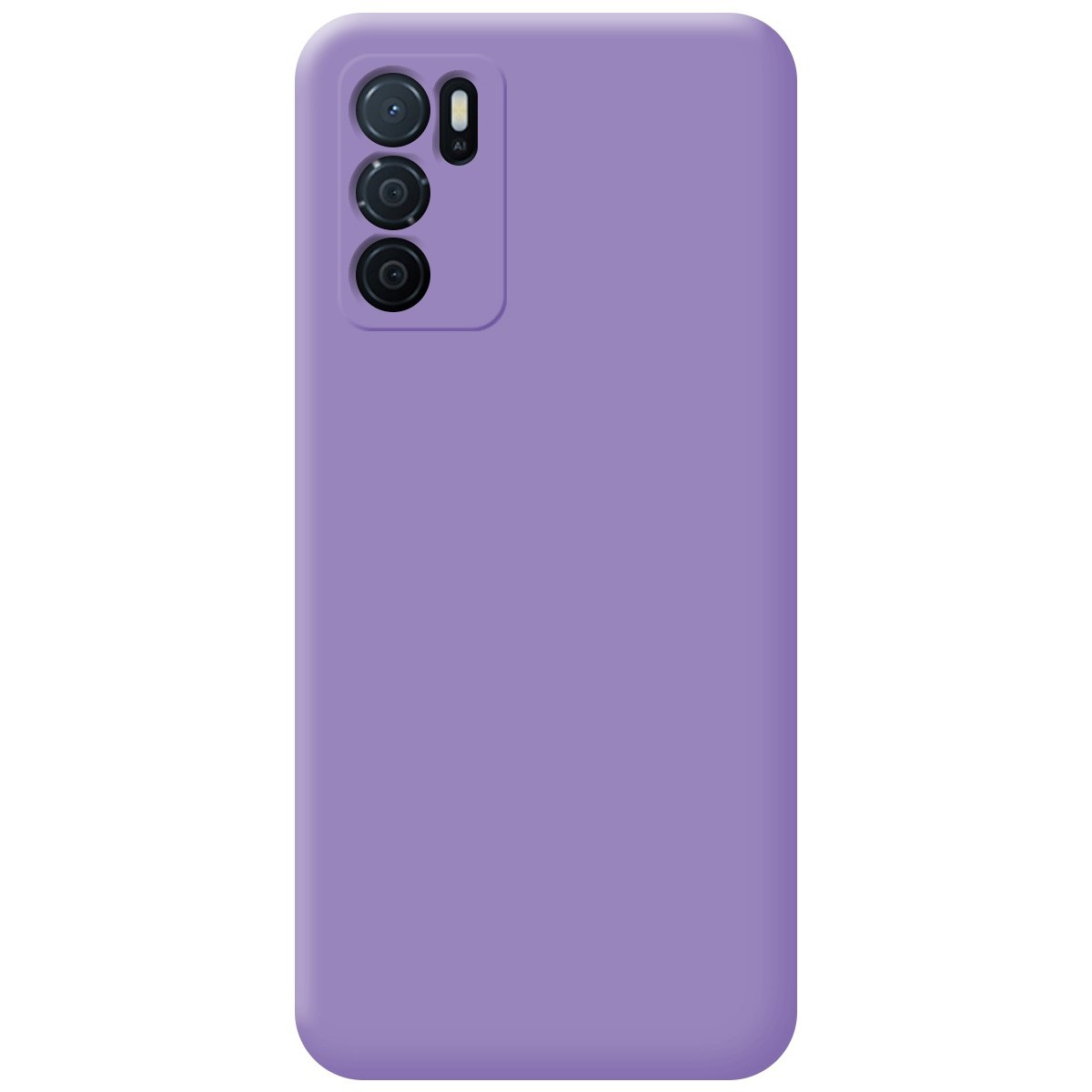 Una custodia per telefono viola unita con tre obiettivi della fotocamera. Il telefono è di un colore uniforme e gli obiettivi sono visibili.