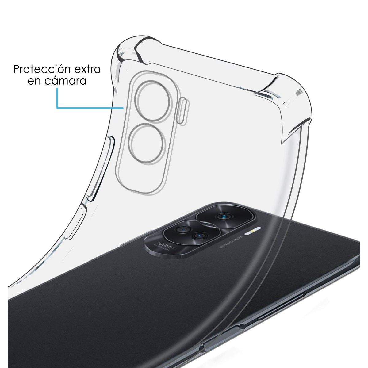 Telefono con custodia trasparente, che mostra il rilievo della fotocamera e la protezione.