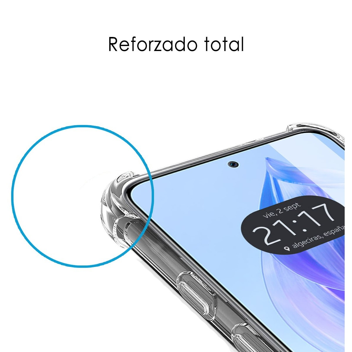 Primo piano della custodia del telefono. Lo schermo mostra data e ora, e un cerchio blu è disegnato a sinistra.