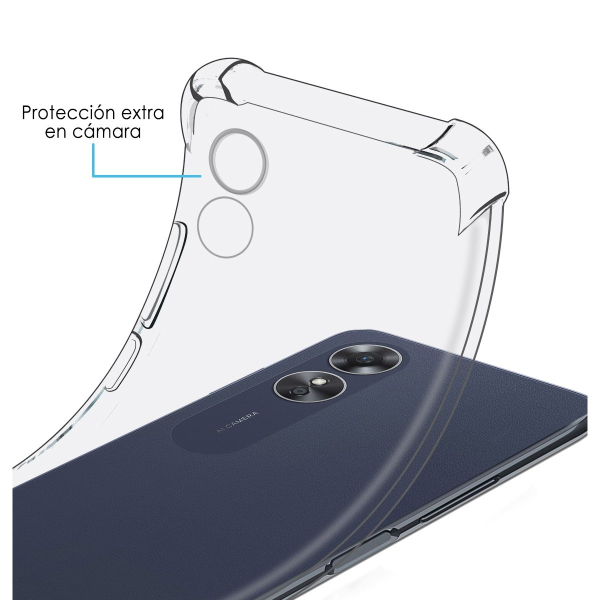 Una custodia trasparente su un telefono blu navy con protezione della fotocamera.