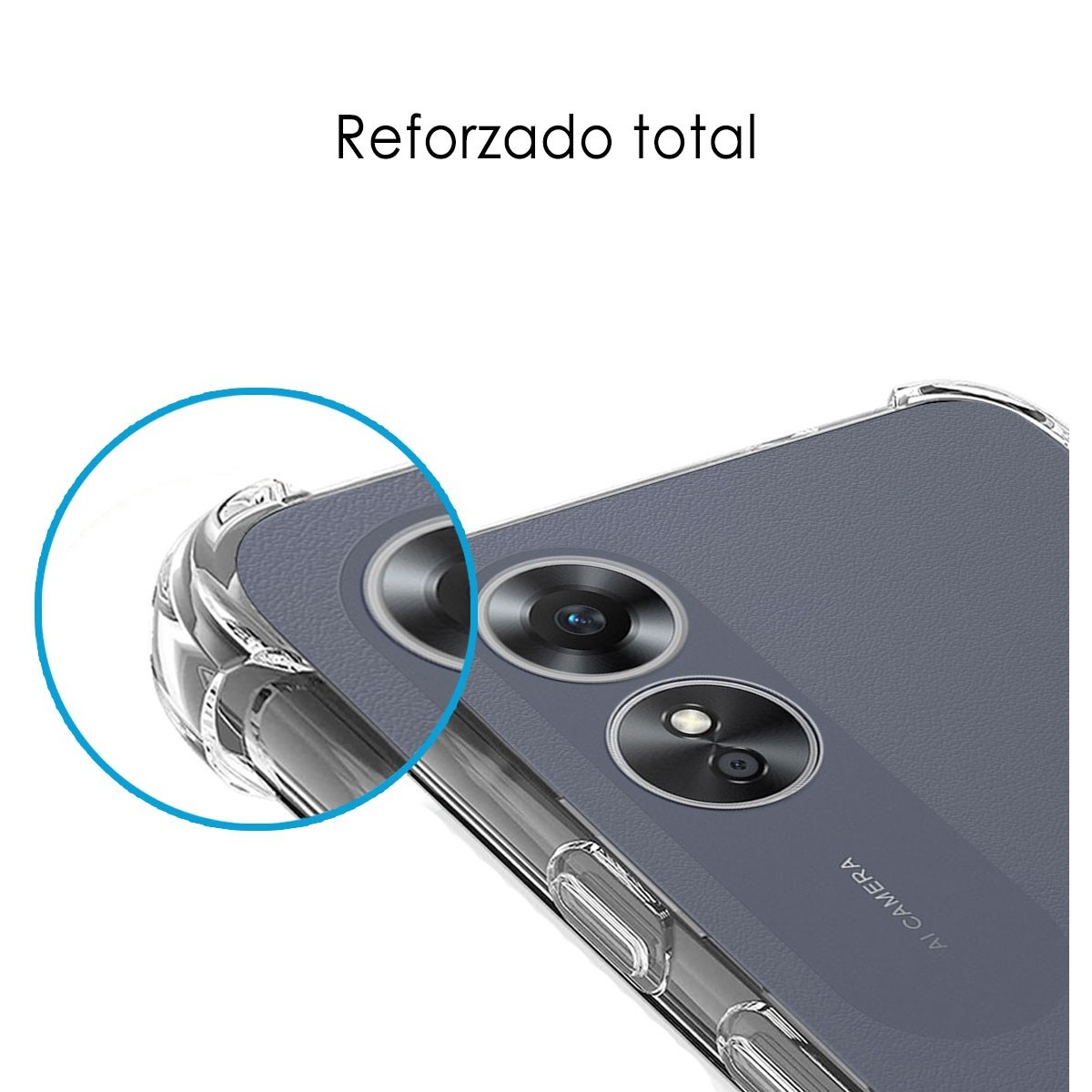 Primo piano di una custodia per telefono, che mostra la fotocamera e un bordo protettivo trasparente.