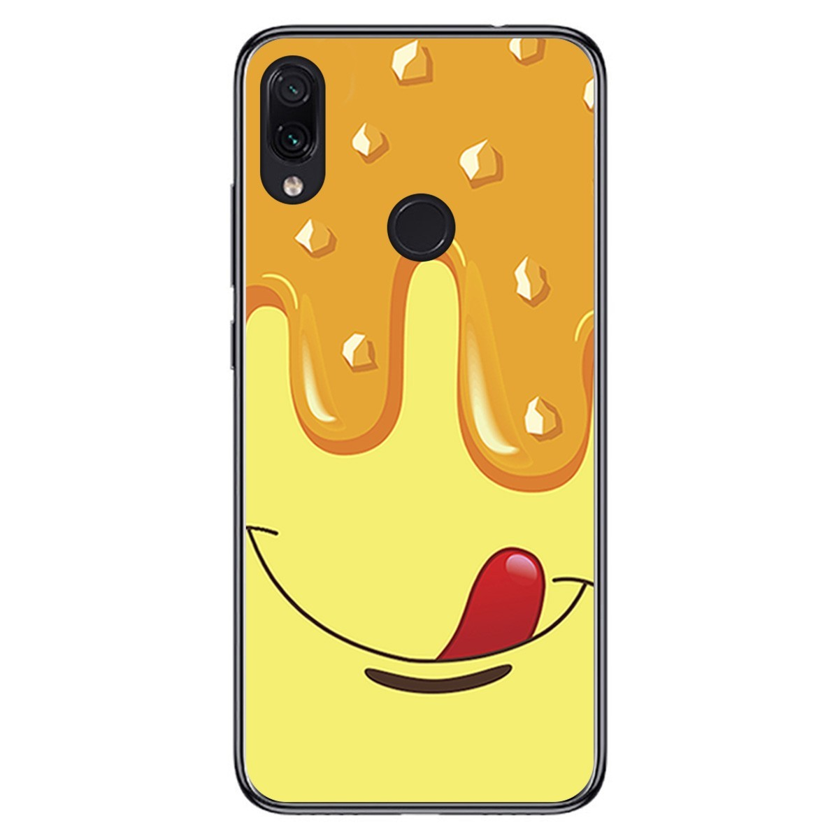 Funda de teléfono amarilla con una cara sonriente, miel goteando y una lengua roja.