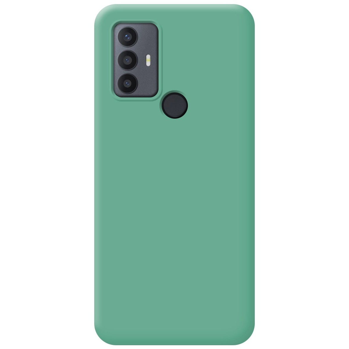 Una custodia per telefono verde tinta unita. Il retro del telefono ha tre fotocamere.