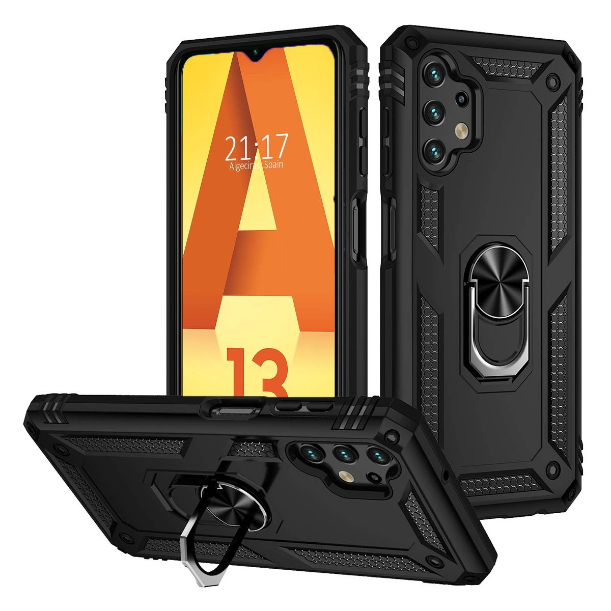 Tre custodie per telefono nere, una con un portanello. Lo schermo mostra l'ora. Le custodie hanno un design strutturato.