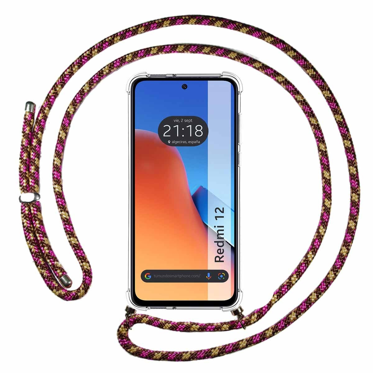 Telefono con un cordino. Il cordino è marrone e rosa.