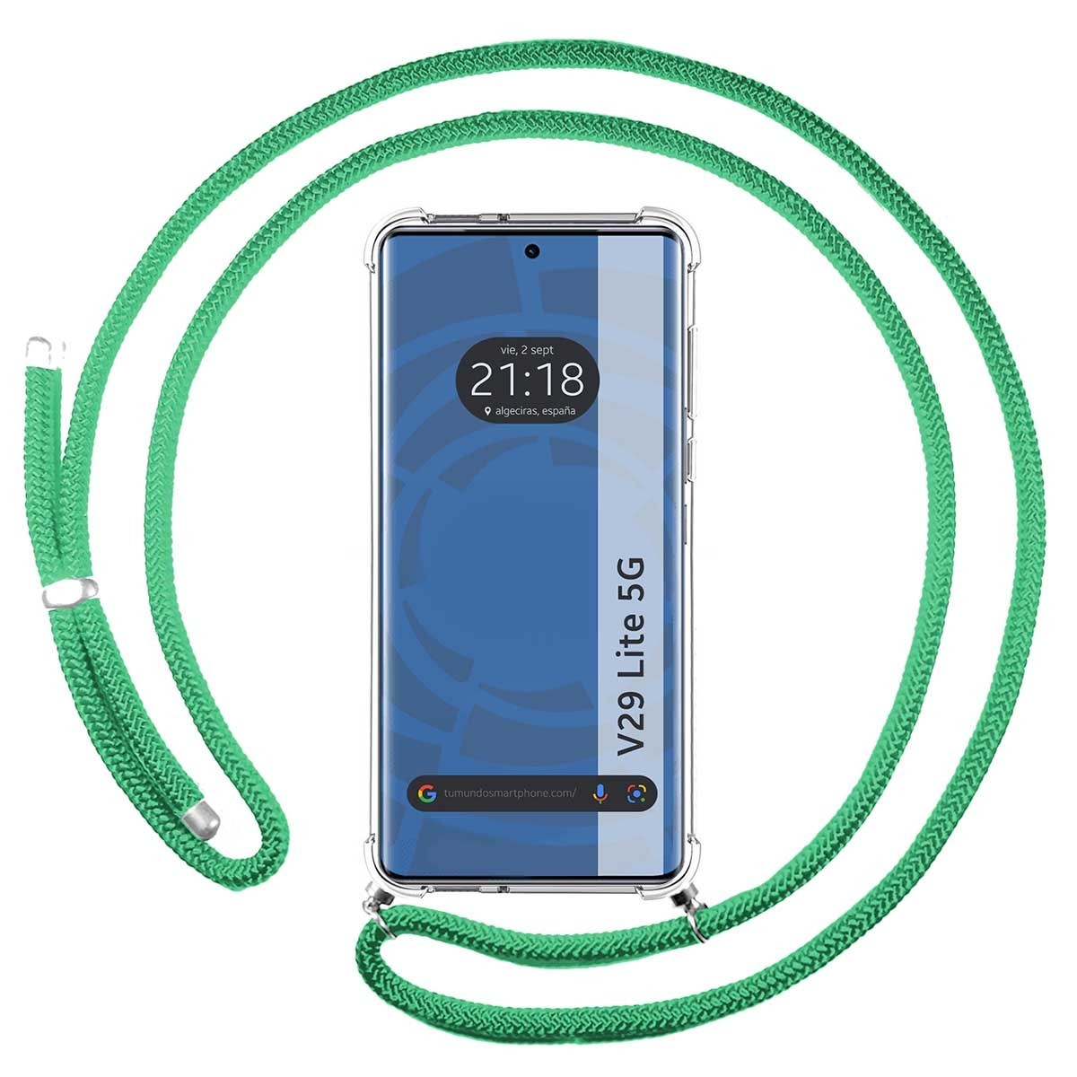 Telefono con cinturino in corda verde.