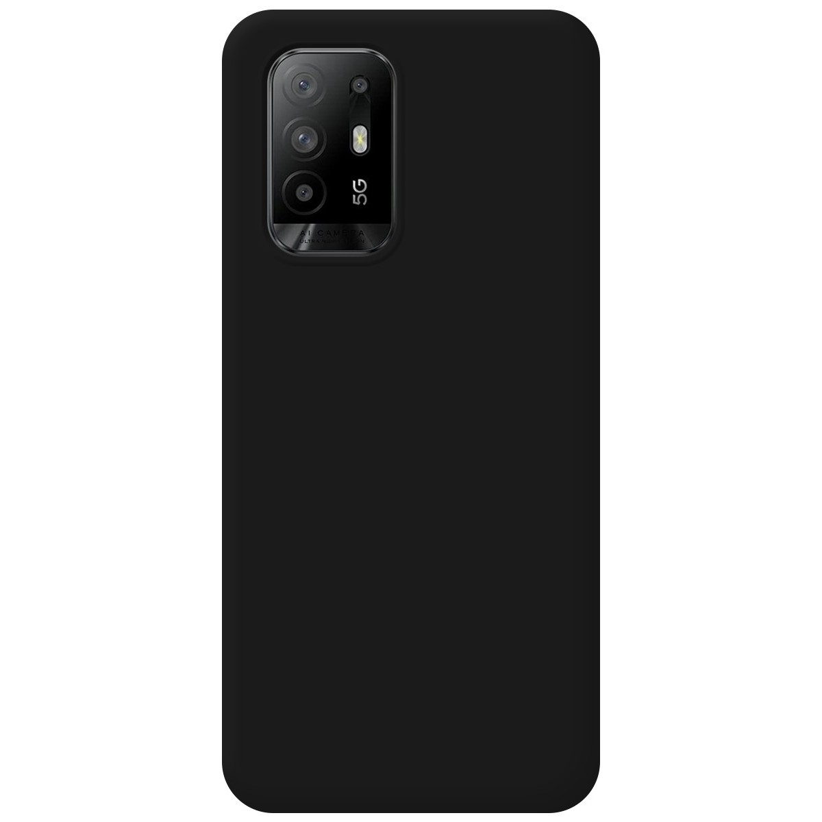 Funda de teléfono negra con un módulo de cámara negro sobre un fondo negro.