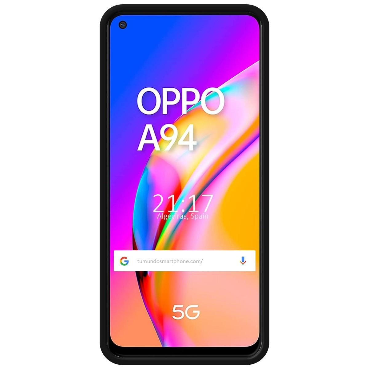 Funda de teléfono que muestra un teléfono con el logotipo de OPPO A94 y la hora. Abajo está el sitio web tumundosmartphone.com.