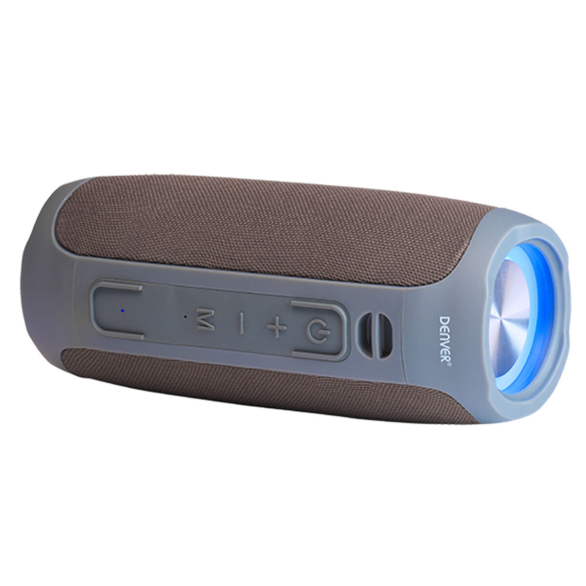 Cylindryczny szary głośnik z niebieskim światłem i przyciskami, na białym tle.