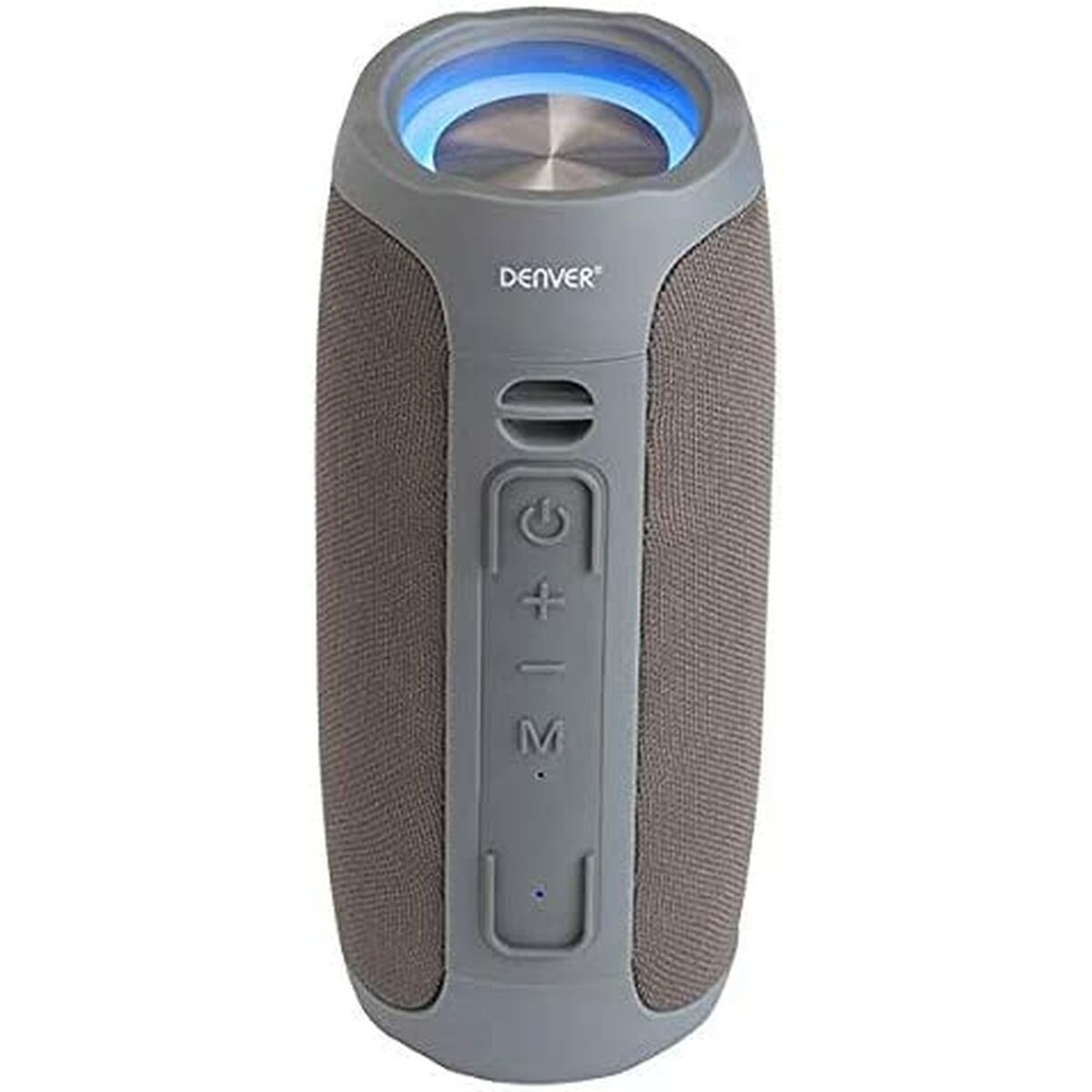 Szary głośnik przenośny z niebieskim światłem na górze, przyciskami i tkaniną.