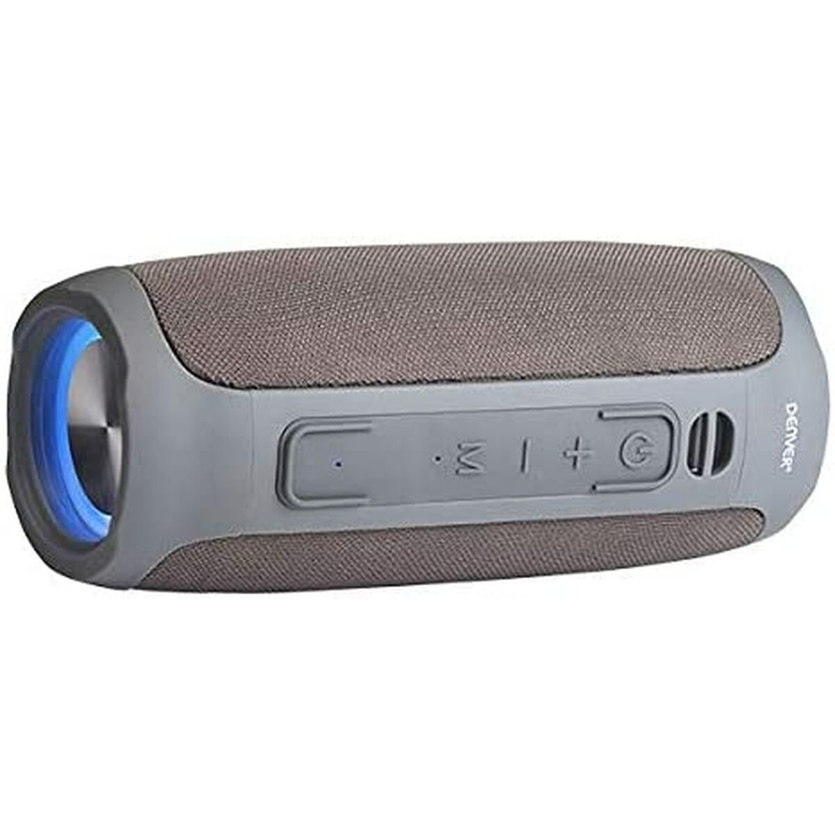 Szary i brązowy głośnik przenośny, z przyciskami i niebieskim światłem wokół głośnika.