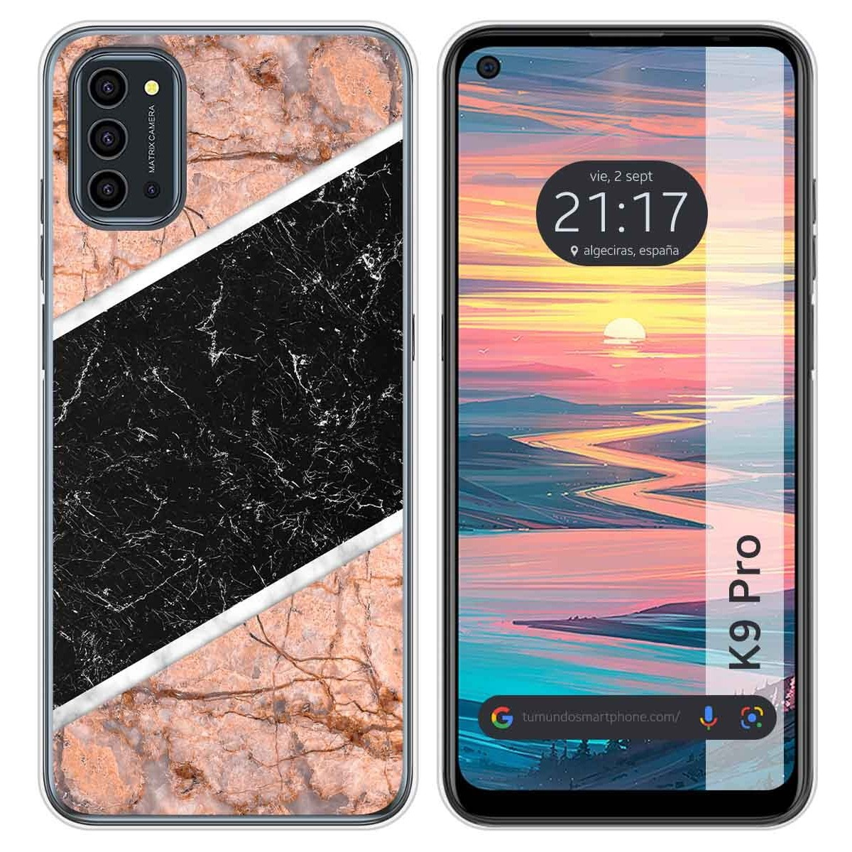Funda de teléfono con diseño de mármol. La pantalla del teléfono muestra una colorida puesta de sol y un sitio web.