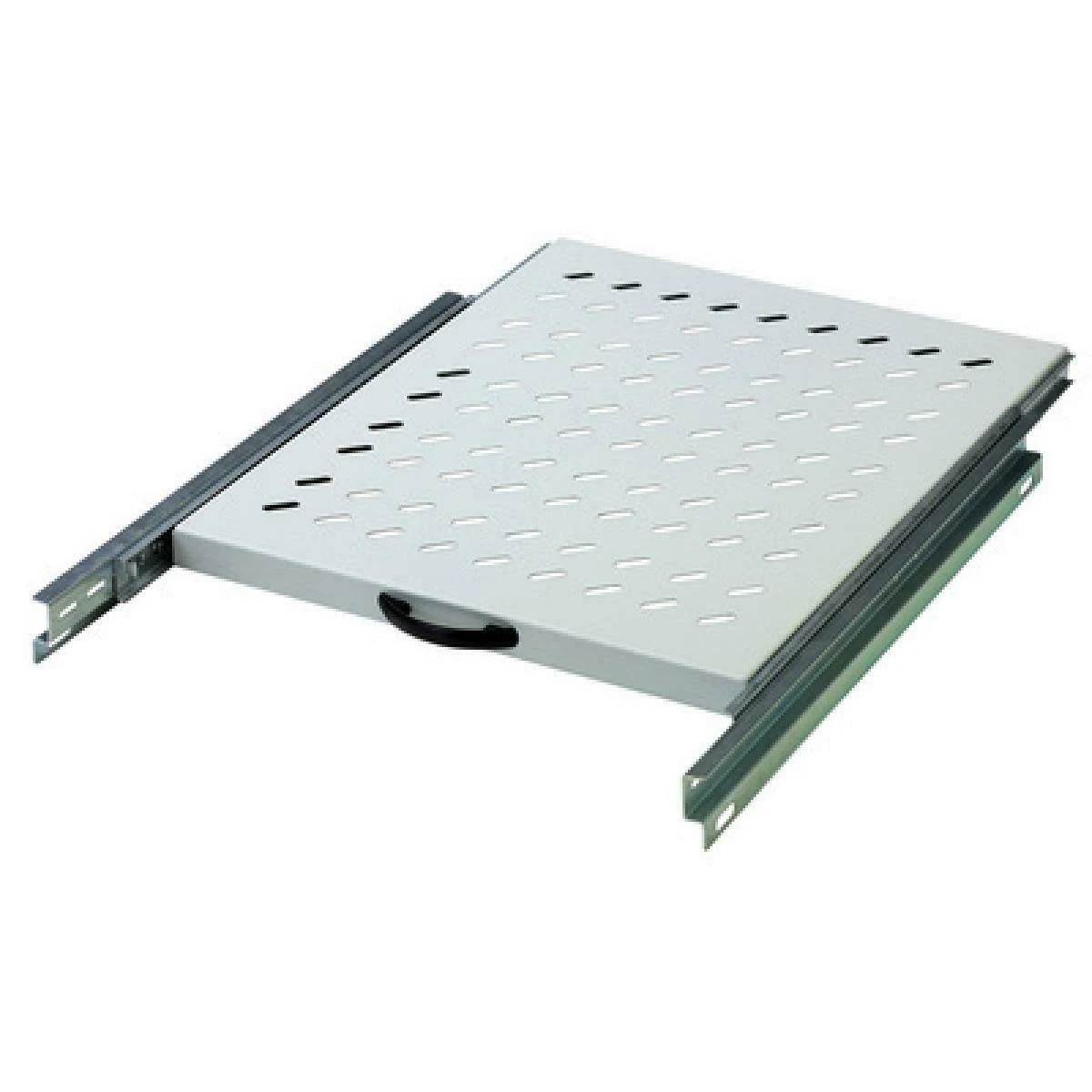 Ein silbernes Regal mit Perforationen und einem Griff, mit Schienen auf jeder Seite.