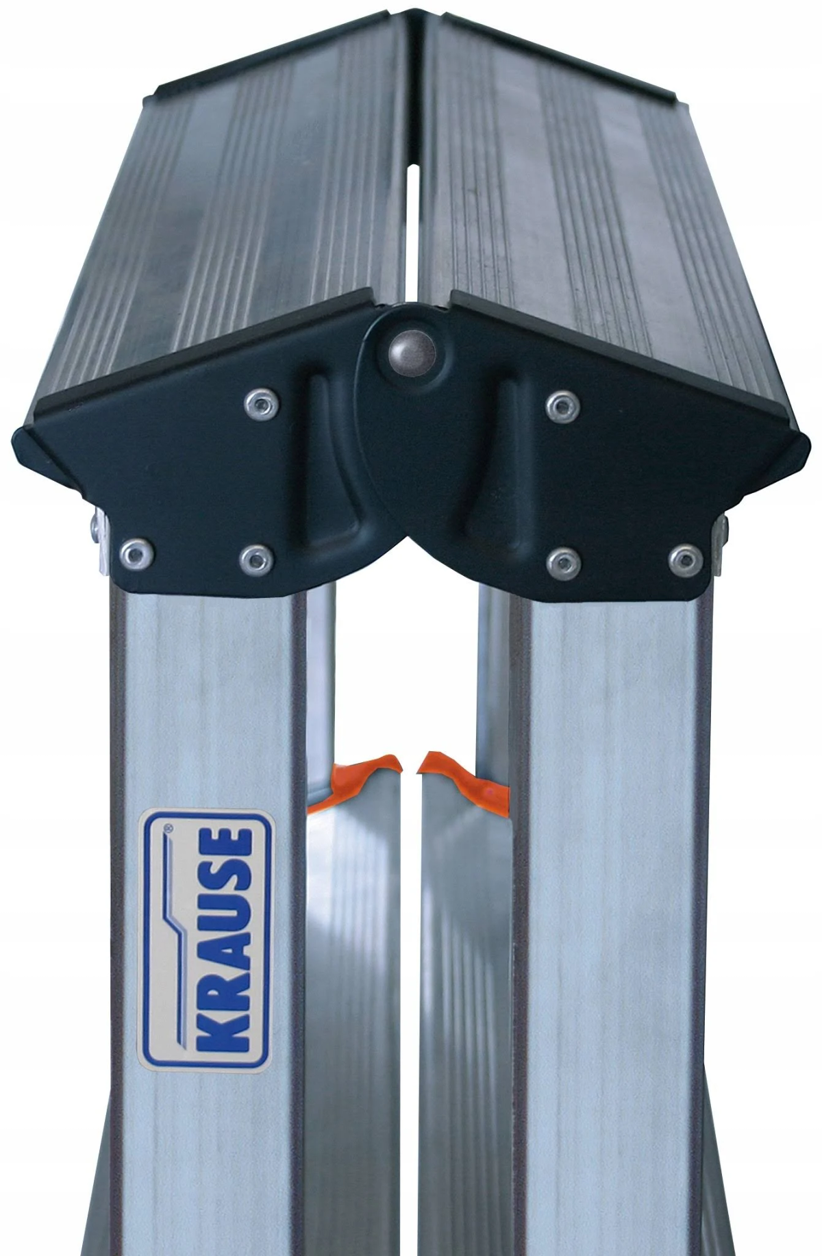 Nahaufnahme einer silber-schwarzen Klappleiter, mit dem Krause-Logo an der Seite.