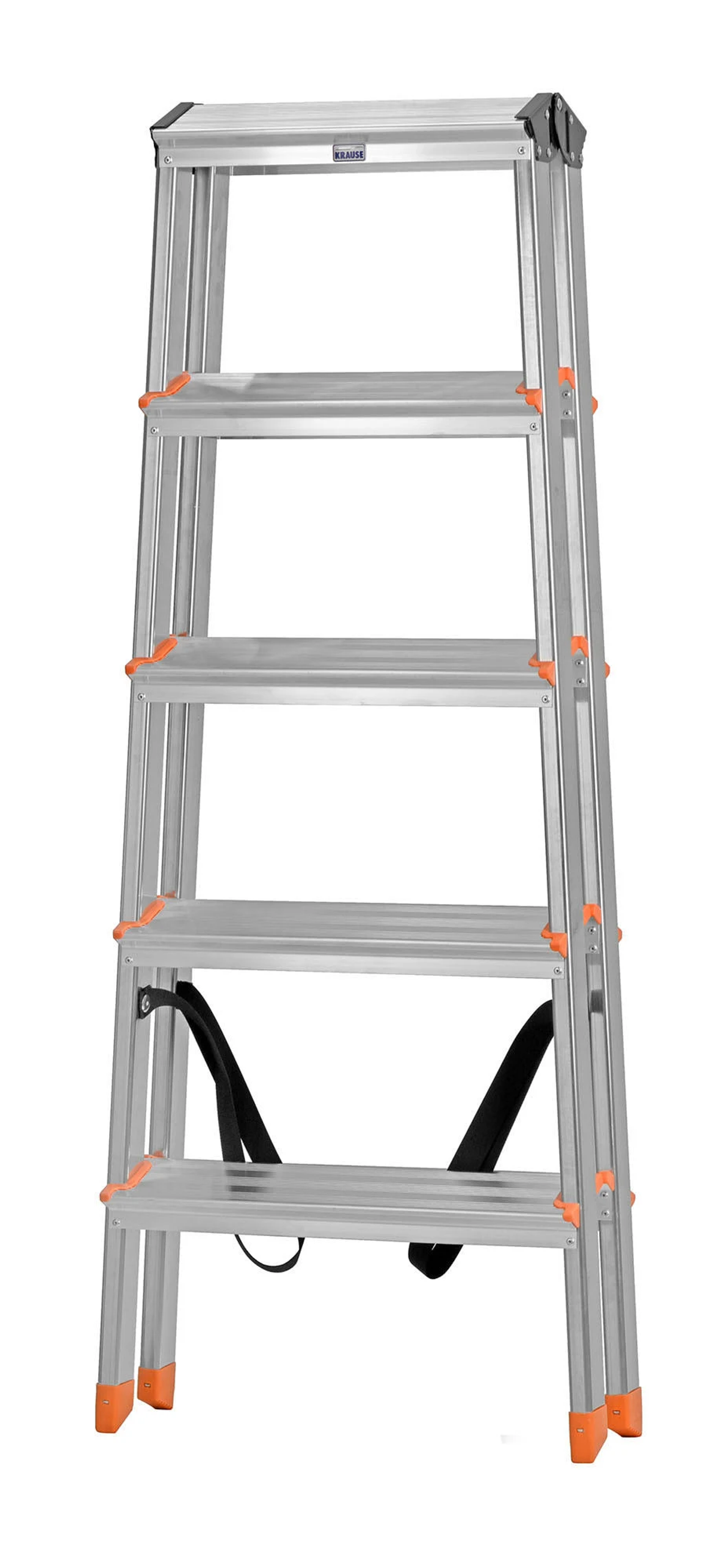 Silberne Aluminium-Trittleiter. Orange Füße und Stufenkanten. Schwarzer Gurt hinten.