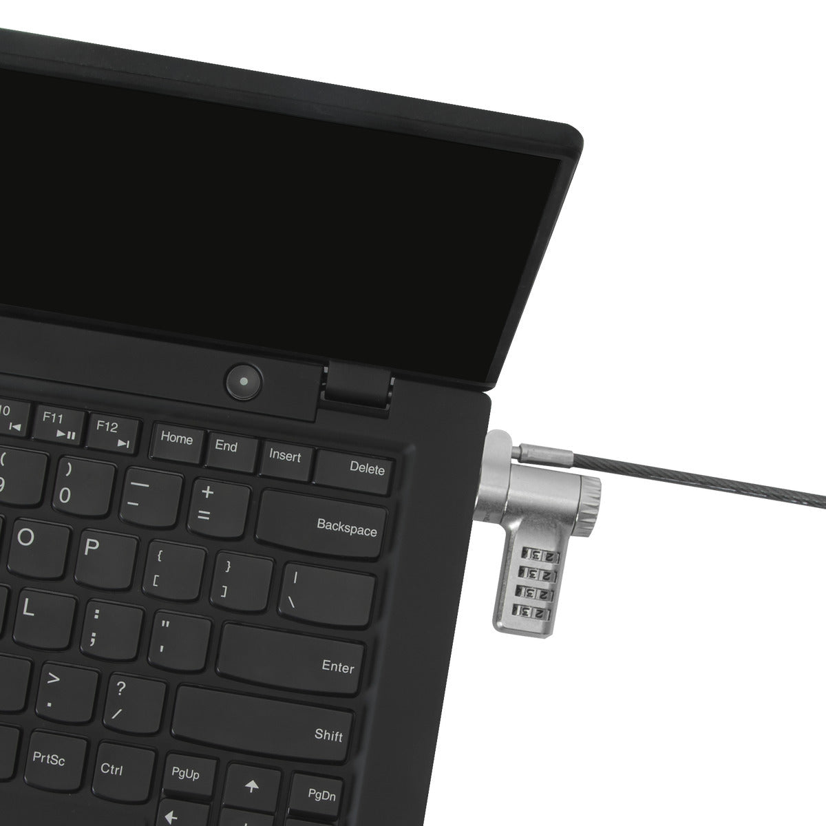 Laptop mit Sicherheitskabel und Schloss, das an der Seite befestigt ist.