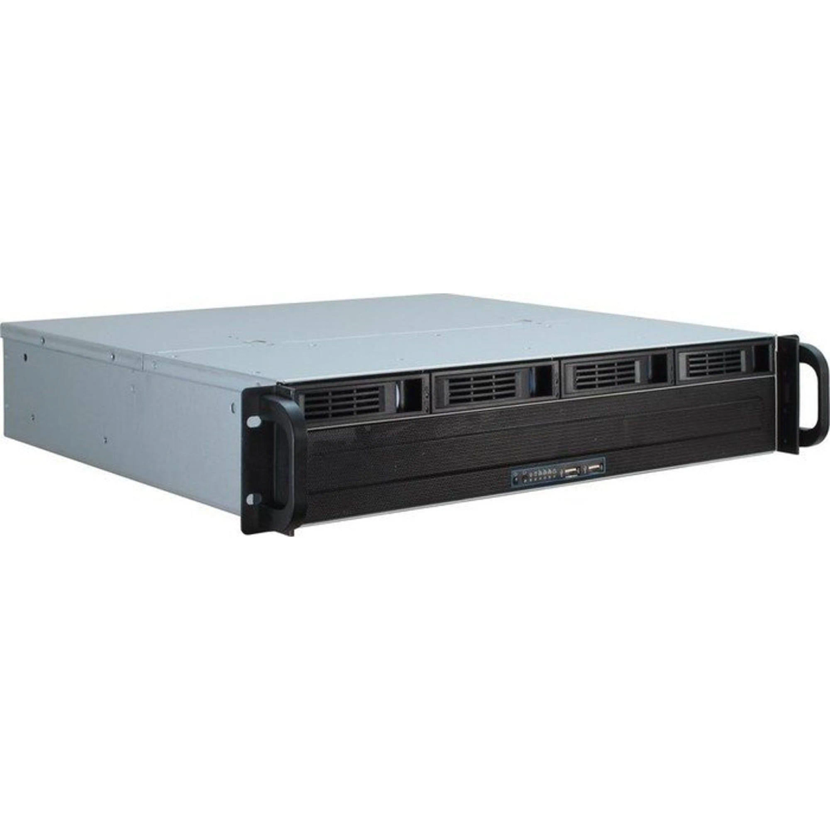 Schwarzer Server, Vorderansicht. Griffe an den Seiten, Lüfter und USB-Anschlüsse.