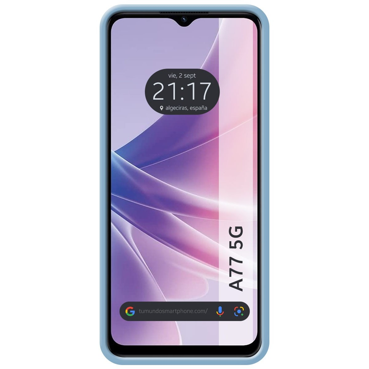 Custodia per telefono con bordo azzurro e schermo che mostra data, ora e logo.