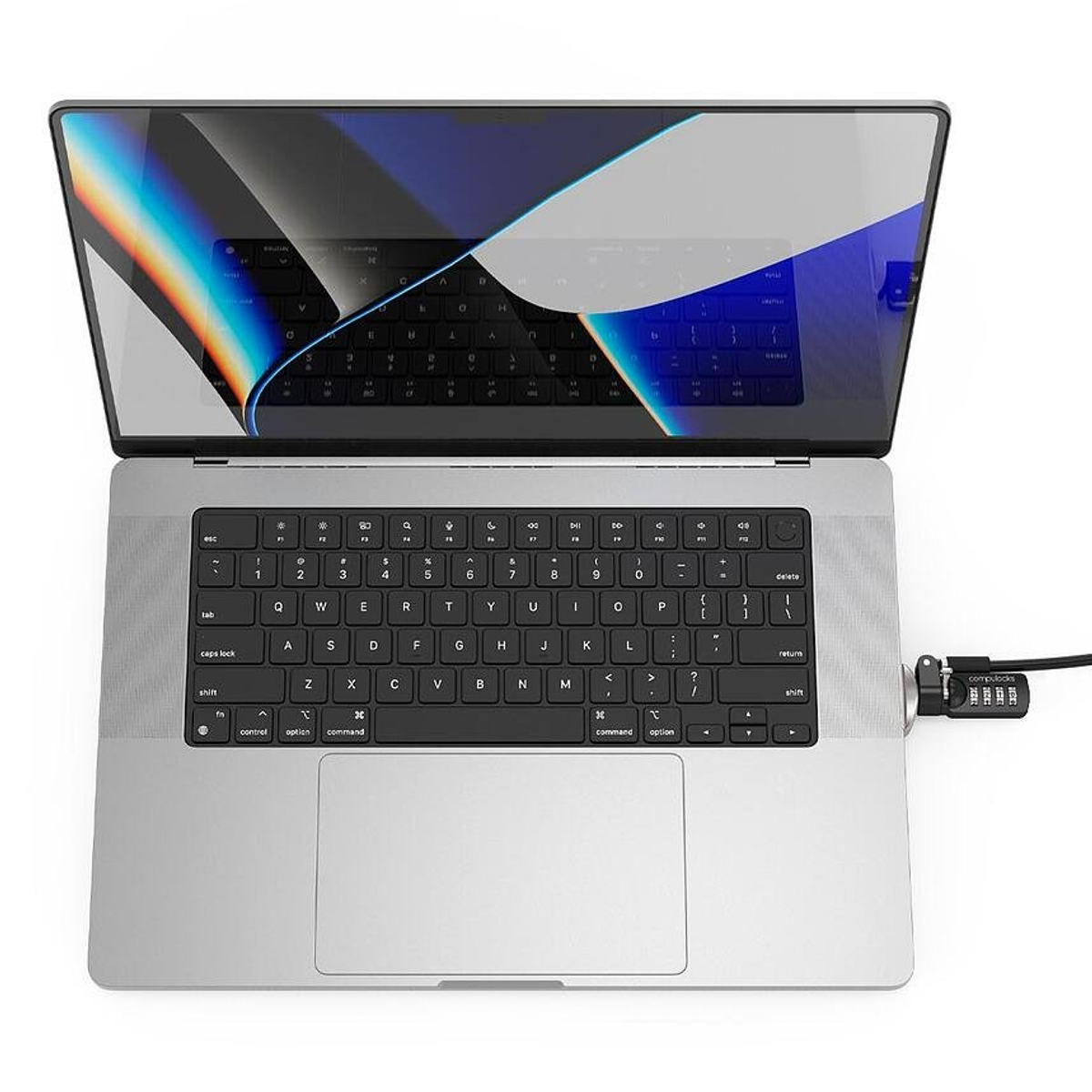 Laptop mit Schloss, geöffnet, Tastatur sichtbar, Bildschirm zeigt Hintergrund.