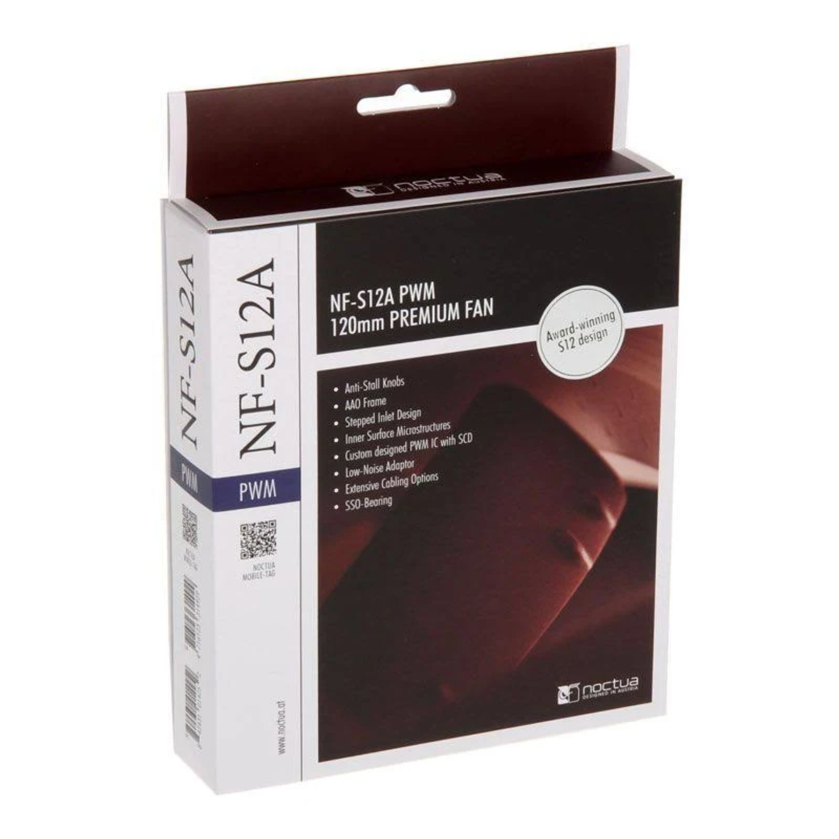 Pudełko produktu do wentylatora. Pudełko jest biało-czarne z tekstem i obrazem wentylatora.