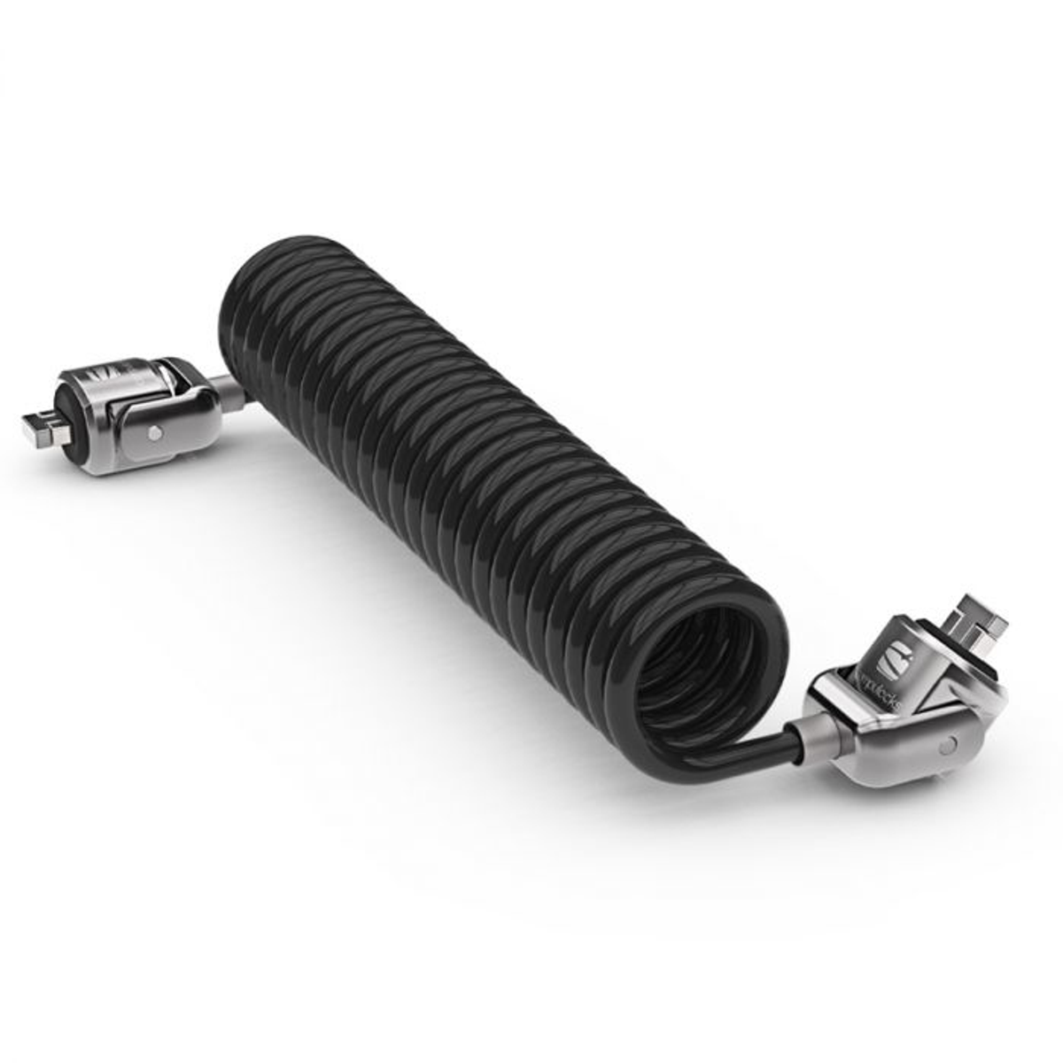 Schwarzes Spiralsicherheitskabel mit Verriegelungsmechanismen an beiden Enden.