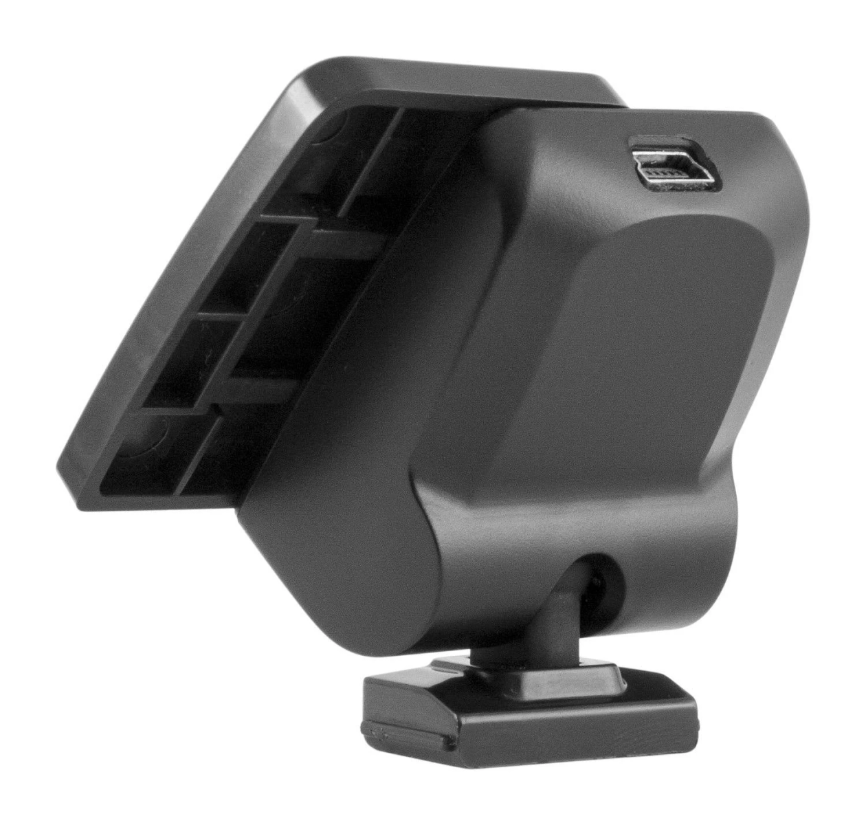 Eine schwarze Auto-Dashcam mit Halterung, zur Aufzeichnung von Fahrvideos.