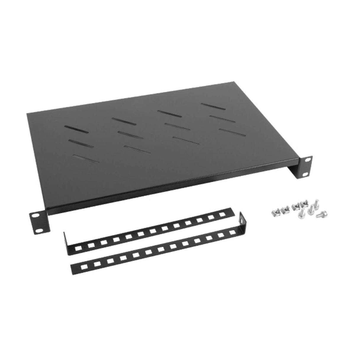 Schwarzes Regal mit Montagehalterungen und Schrauben. Perforiertes Design.