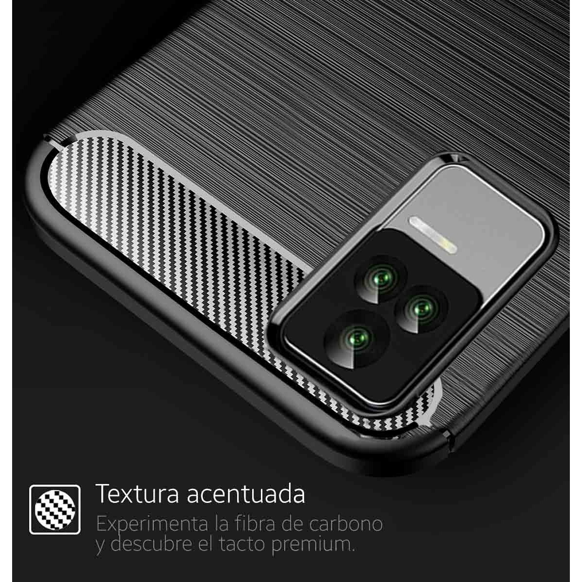 Custodia per telefono con un design a trama in fibra di carbonio. Un telefono ci si trova sopra. Il testo dice 'Textura acentuada'.