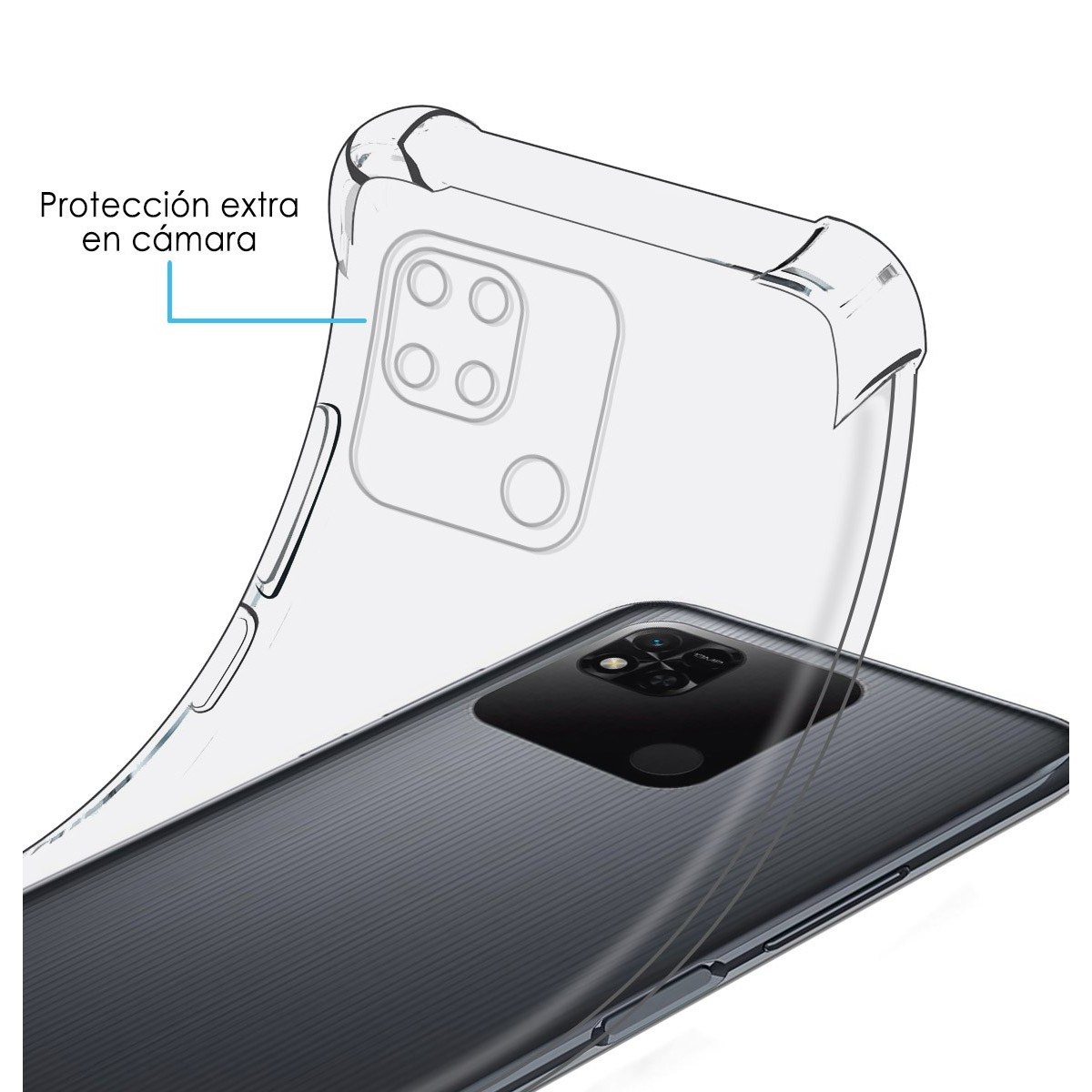 Custodia trasparente su un telefono nero. Il testo indica una protezione extra per la fotocamera.