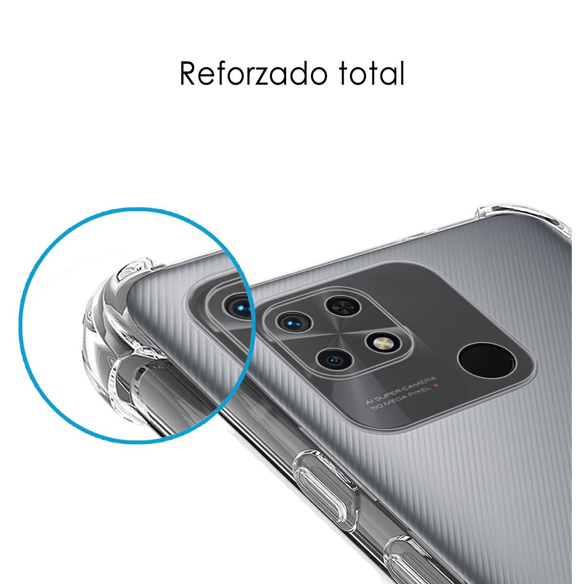 Primo piano di una custodia per telefono con modulo fotocamera, cerchio blu che evidenzia la custodia.