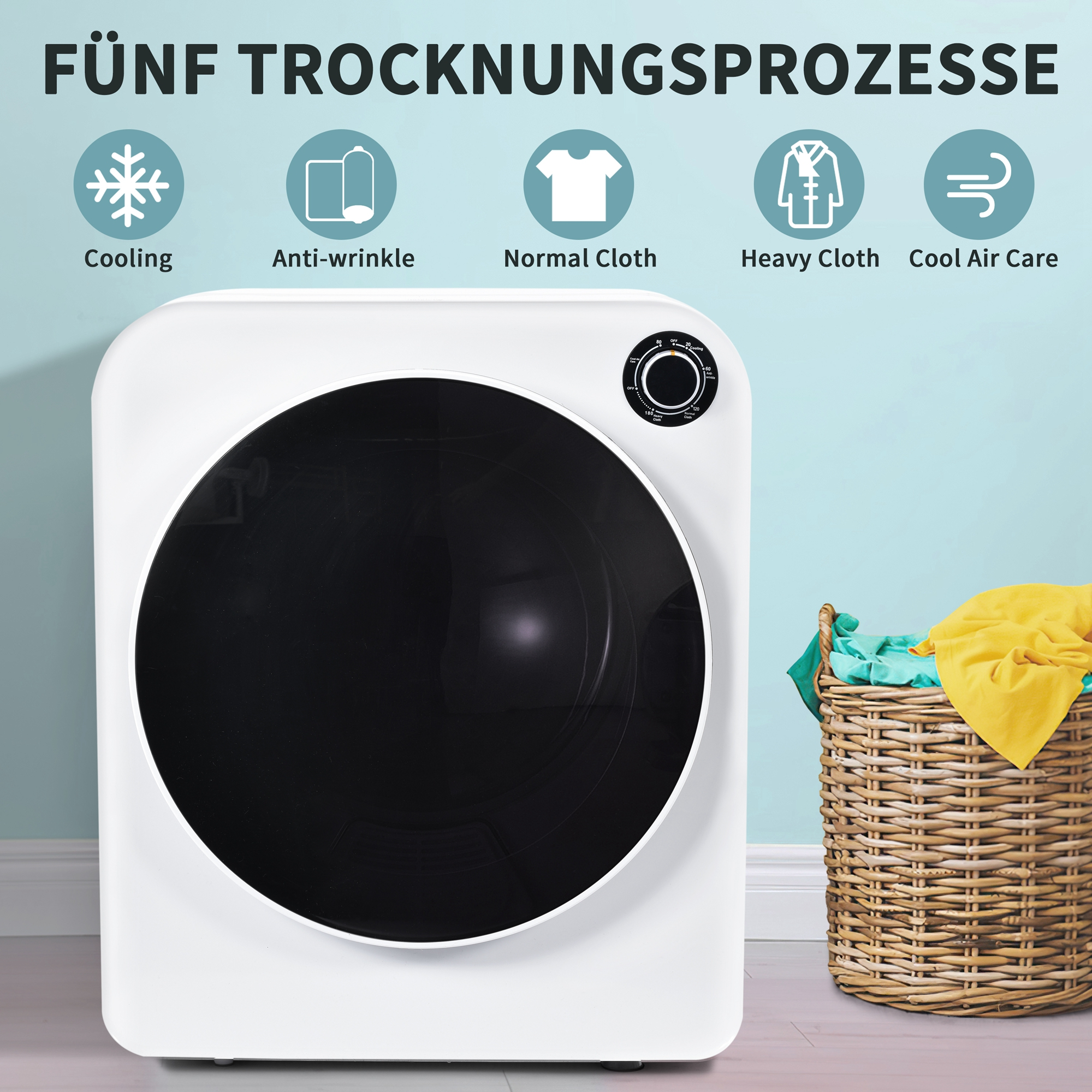 Ein weißer Trockner mit schwarzer Tür. Rechts steht ein Wäschekorb. Blauer Wandhintergrund.