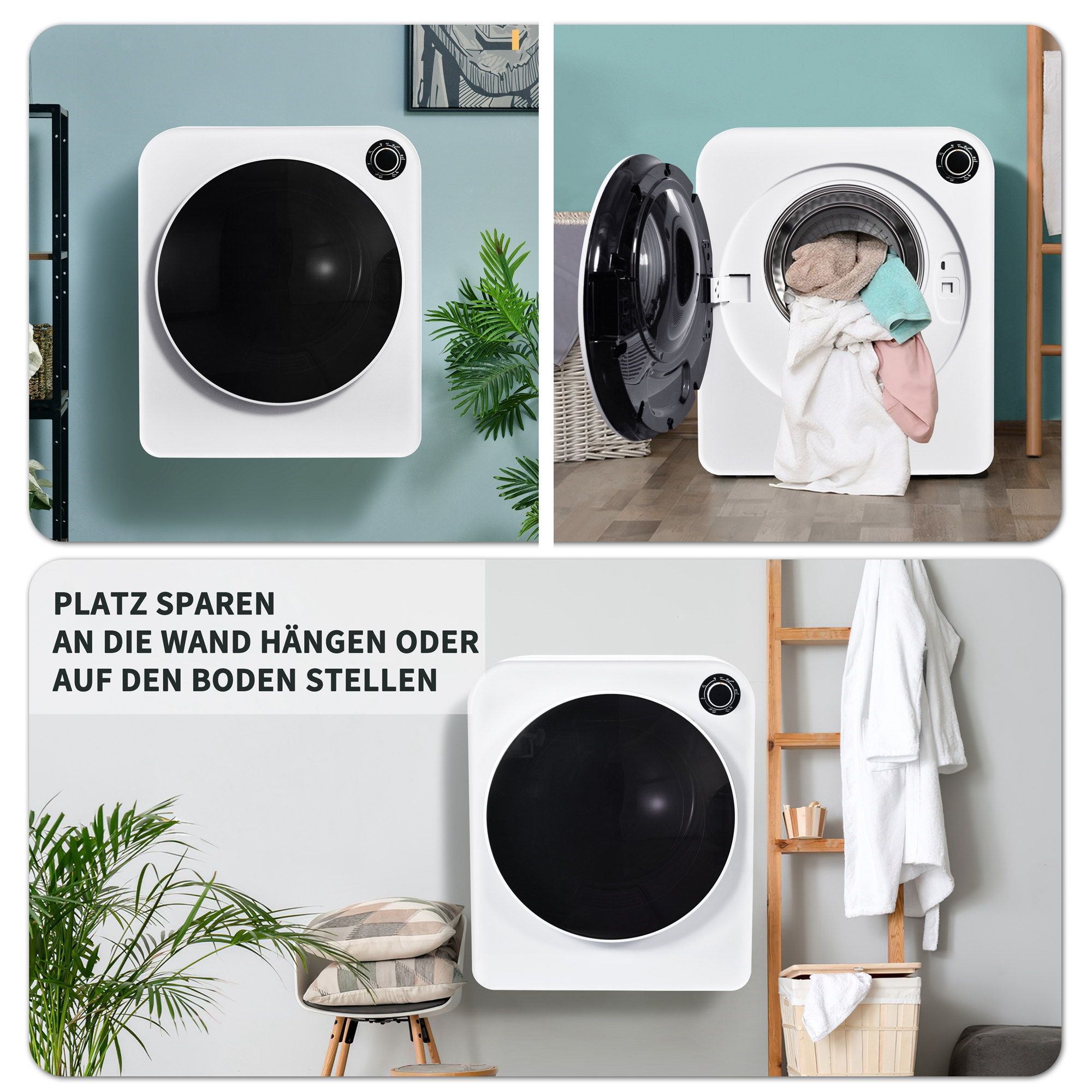 Weißer Wandtrockner mit schwarzer Tür. Kleidung im Inneren. Text: Platzsparend. An die Wand hängen oder auf den Boden stellen.