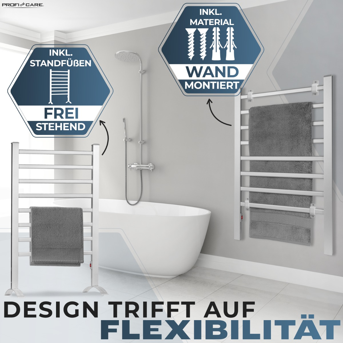 Dwa wieszaki na ręczniki, jeden wolnostojący, drugi na ścianie, z szarymi ręcznikami w łazience.