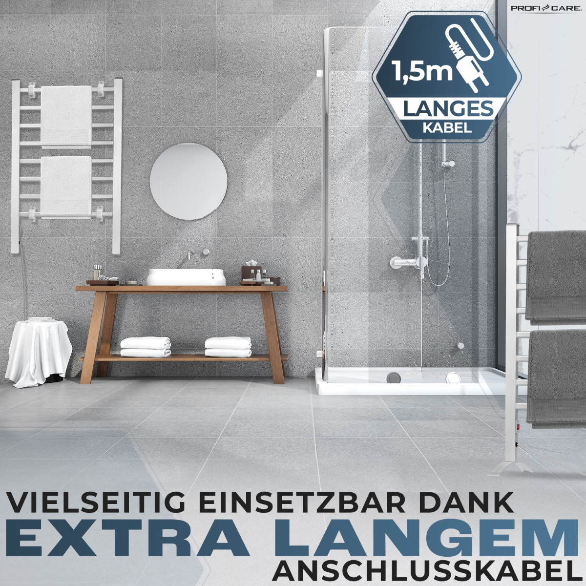 Łazienka z białymi ręcznikami. Prysznic, umywalka, lustro i długi kabel.