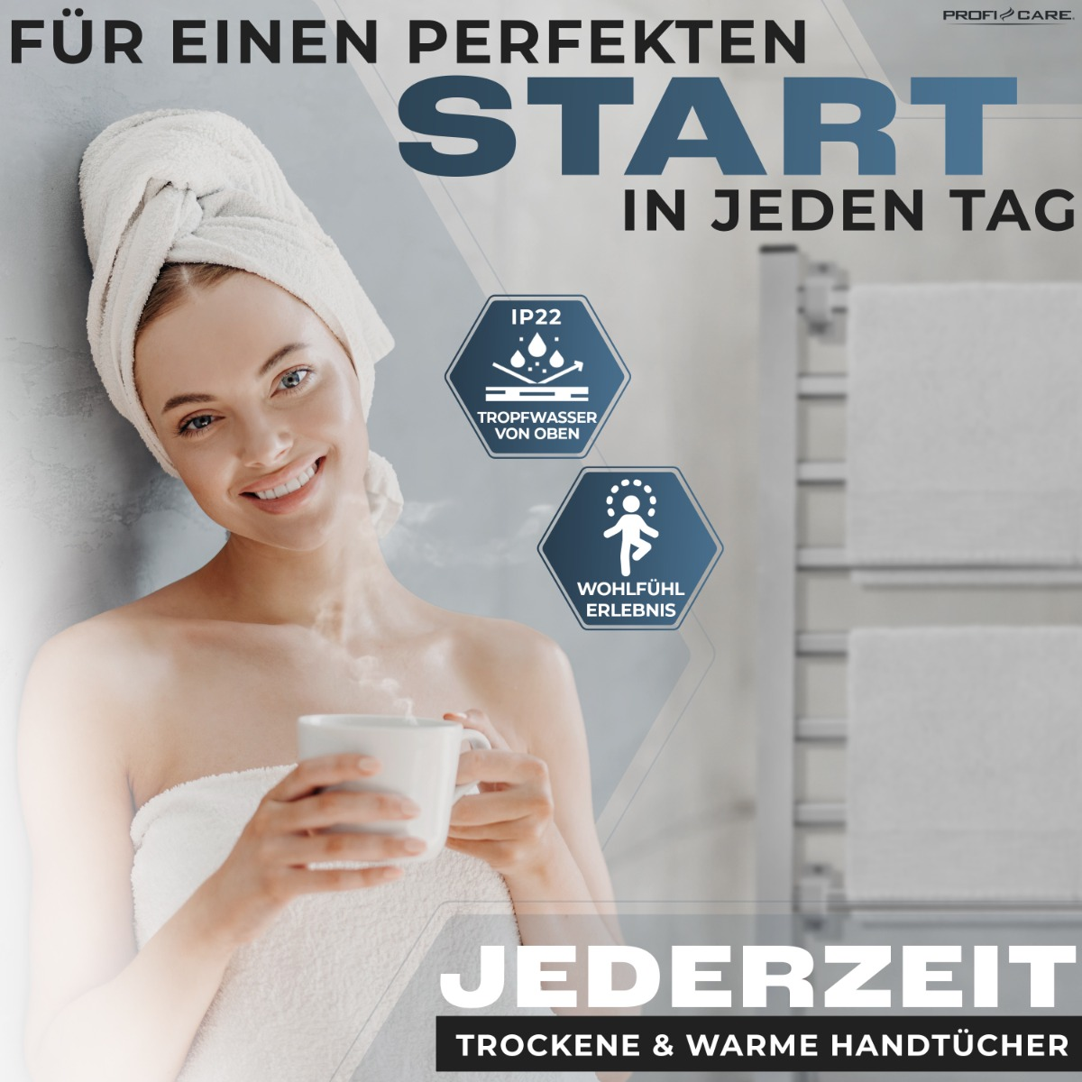 Kobieta z ręcznikiem na głowie, trzymająca kubek, obok prysznica z ręcznikami. Nakładka tekstowa.