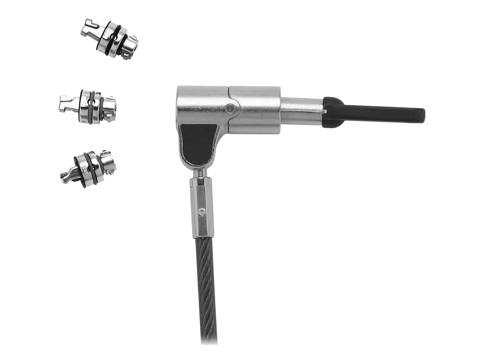 Drei Verriegelungsmechanismen und ein Kabel. Das Kabel ist rechts mit einem Verriegelungsmechanismus verbunden.