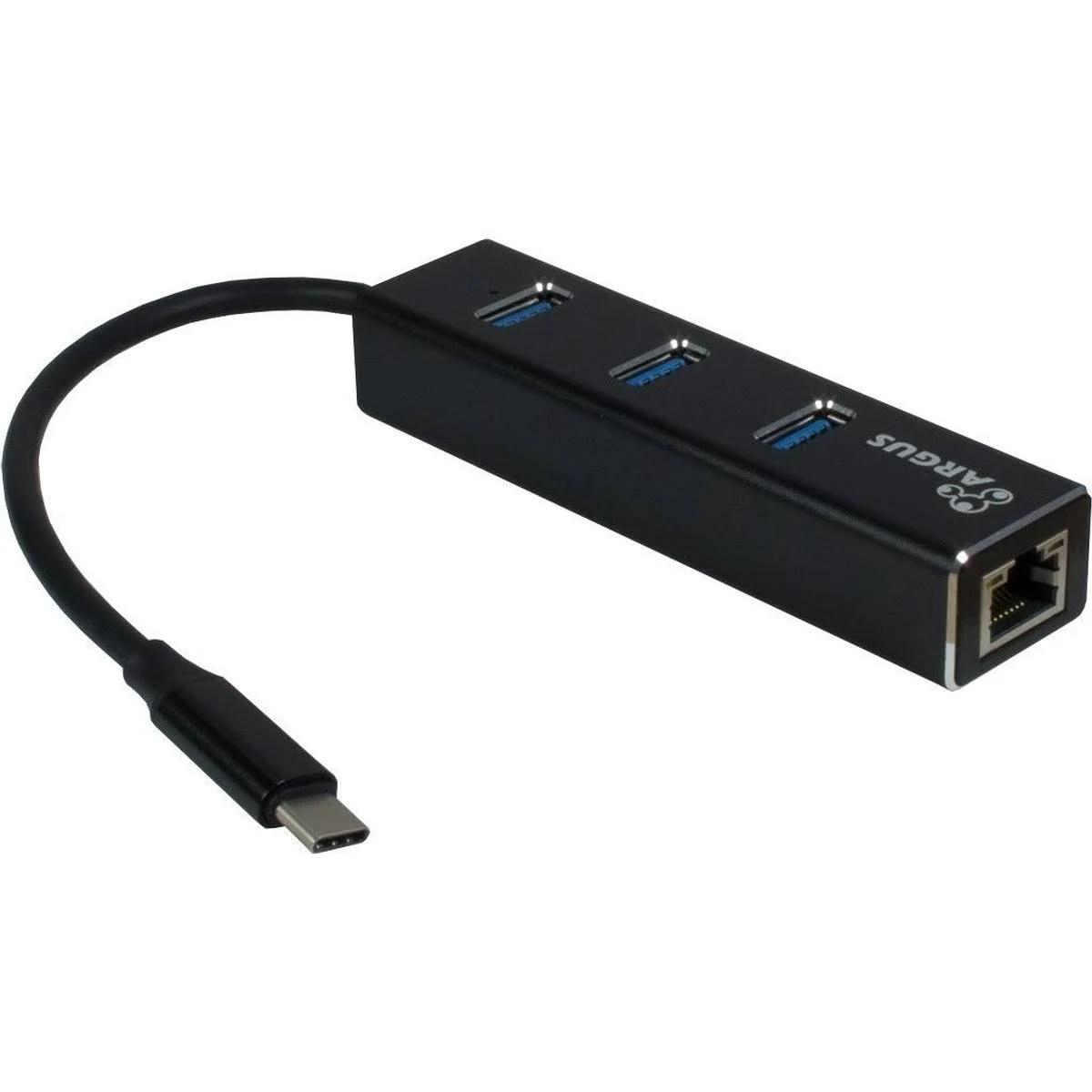 Hub USB nero con tre porte USB e un connettore USB-C. Il marchio è Argus.