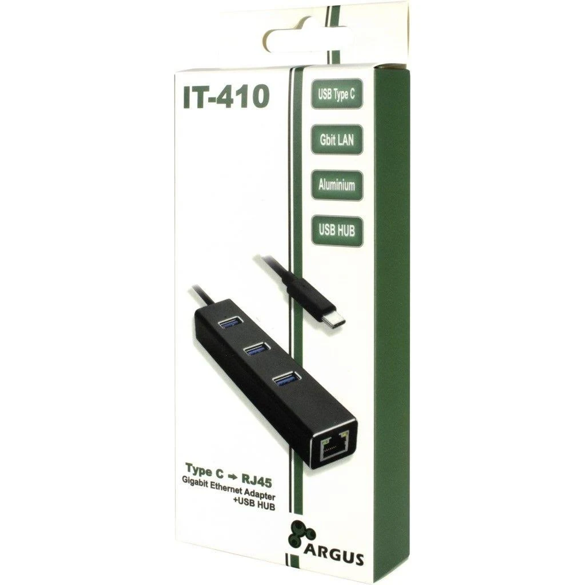 Scatola adattatore IT-410 con cavo USB Type C, porta LAN Gigabit e HUB USB.