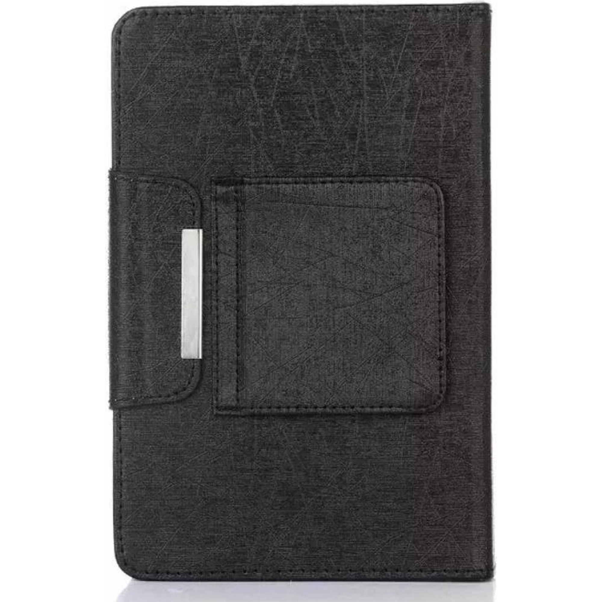 Czarne etui na tablet. Z przednią kieszenią i srebrnym metalowym zapięciem.