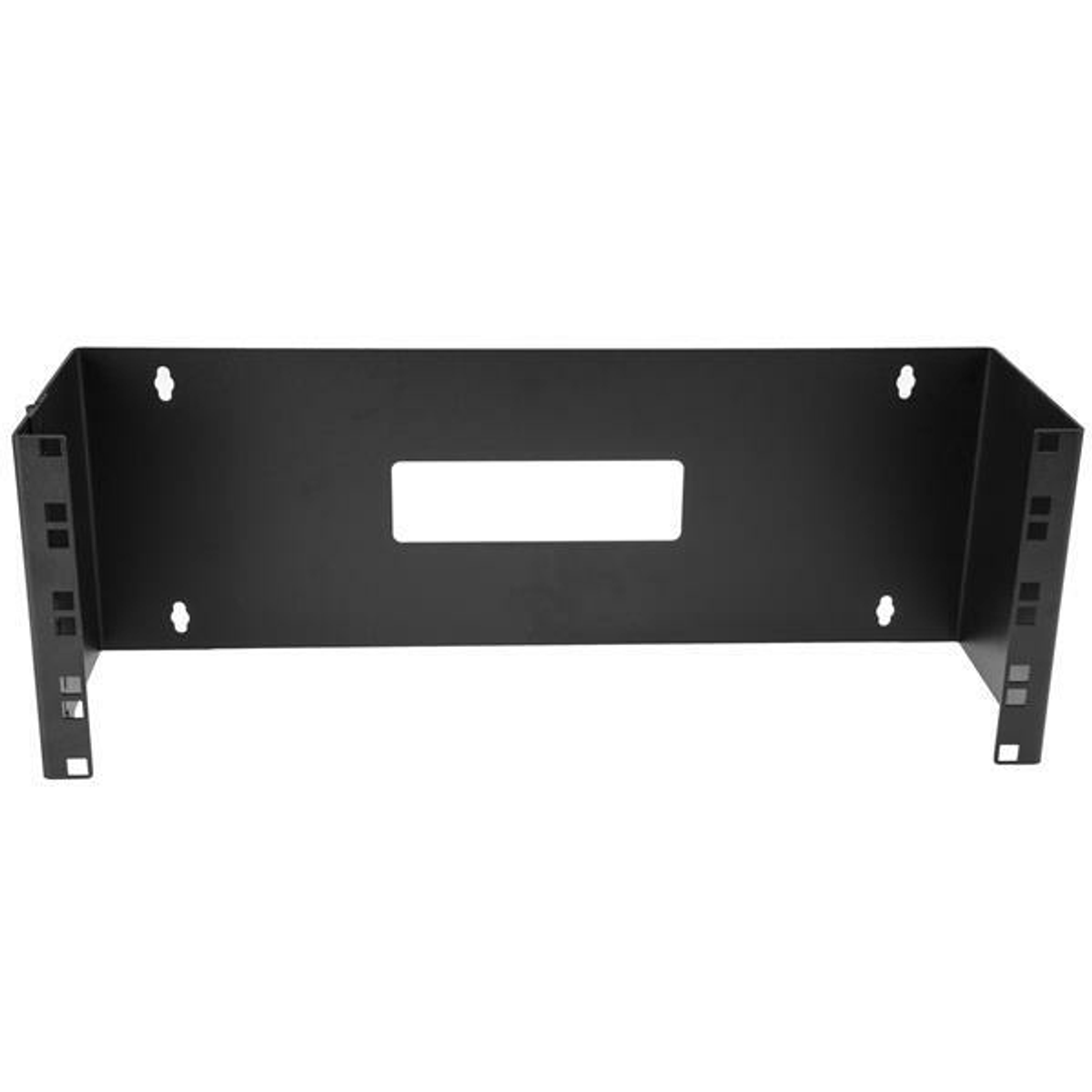 Schwarzer Metall-Rack-Mount mit rechteckigem Loch in der Mitte, weißer Hintergrund.
