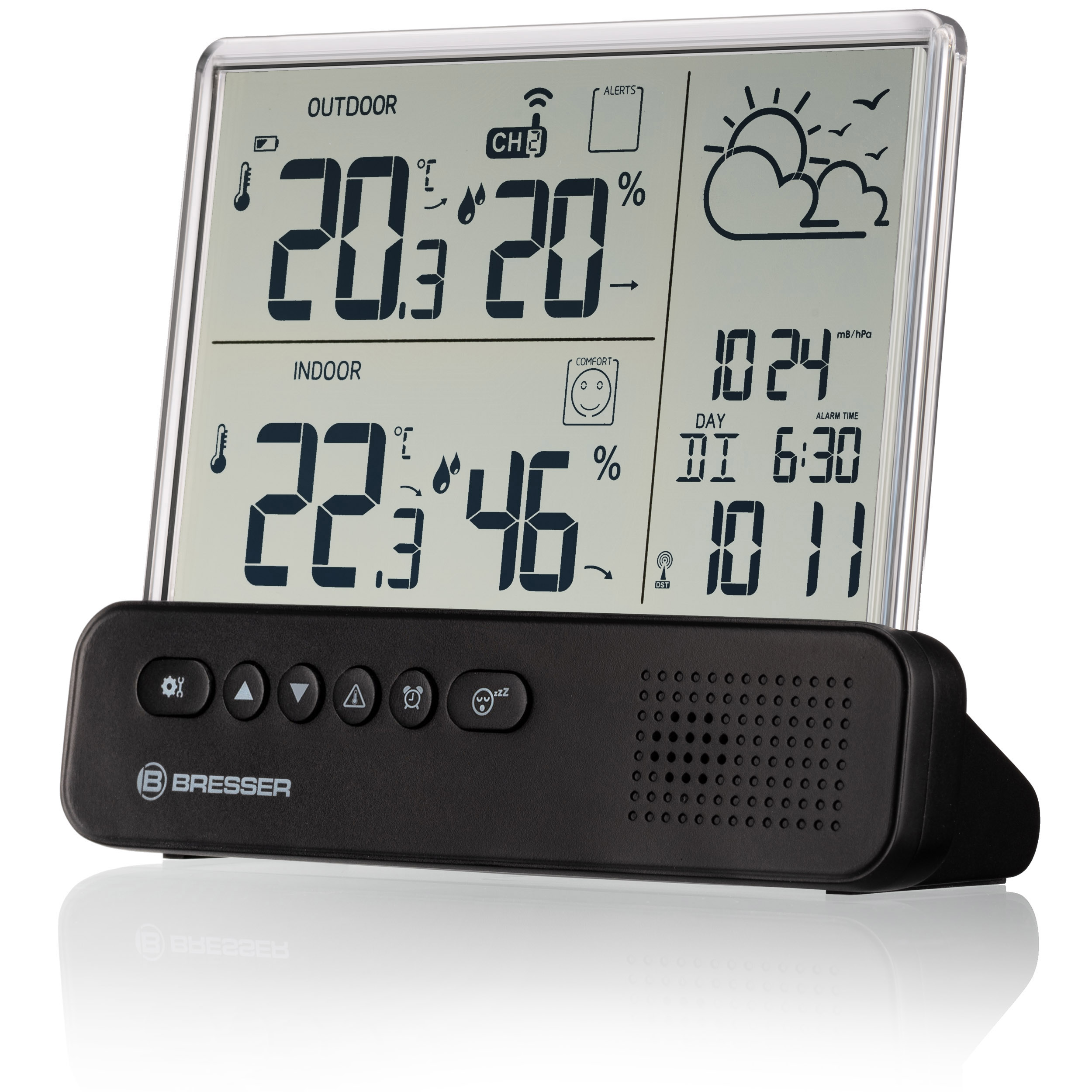 Eine schwarze digitale Wetterstation mit weißem Display, das Temperatur, Luftfeuchtigkeit und Zeit anzeigt.