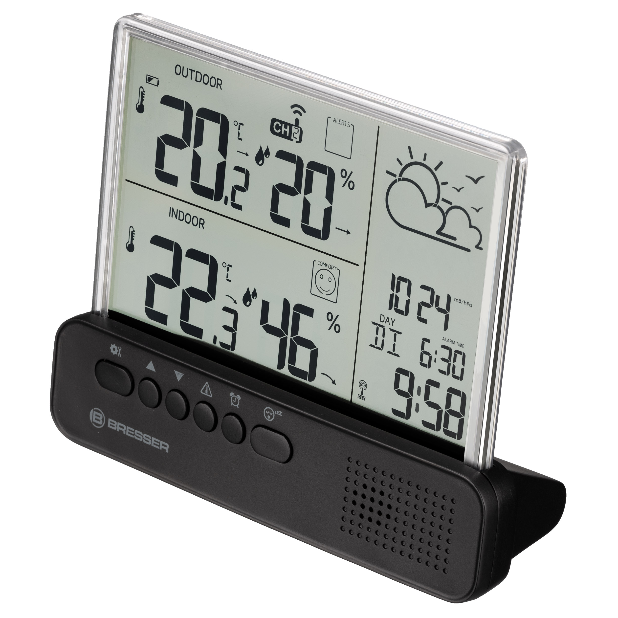 Digitale Wetterstation mit Bildschirm, der Außen- und Innentemperaturen, Zeit und Wettersymbole anzeigt.
